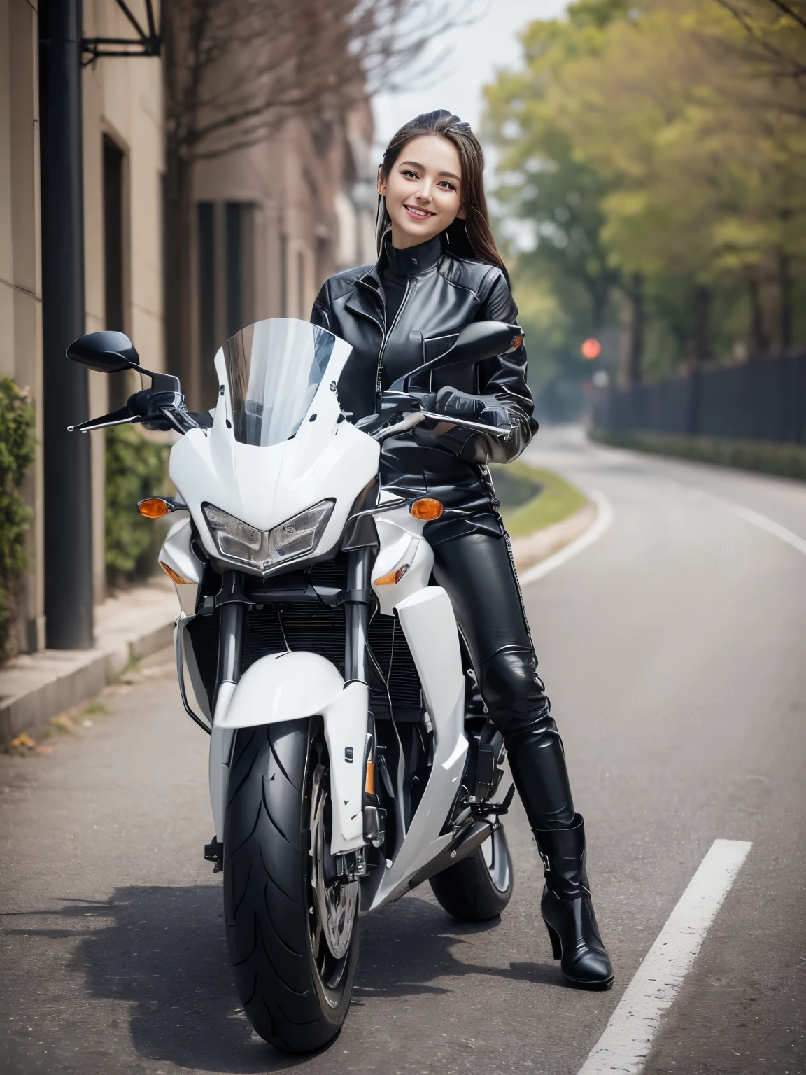 ((highest quality, 8K, masterpiece: 1.3)), sharp: 1.2, perfect body beauty: 1.4,(((Woman on motorcycle))),slender body,((White long-sleeved motorcycle jacket and black long pants)),Highly detailed face and skin texture,((full body shot)),Natural light,smile、Rider Boots、long legs