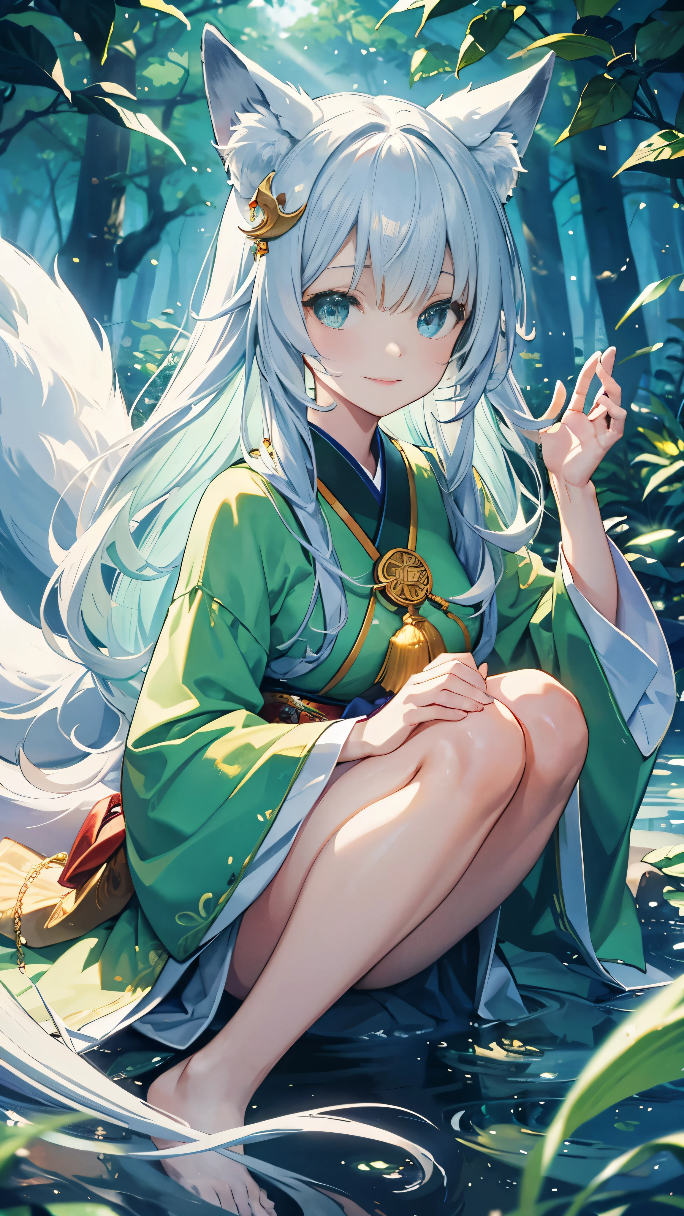 woman (familiar face) Wearing the magical symbol of the glowing forest, sunny, Fine swirls and perfect wind: fog, fox ears, fox tail, bushy tail, sunny, Mysteries of Japanese forests, The beauty of tranquility, a cute fantasy world of smiling faces, dignity, Celestia, light green and silver tones.