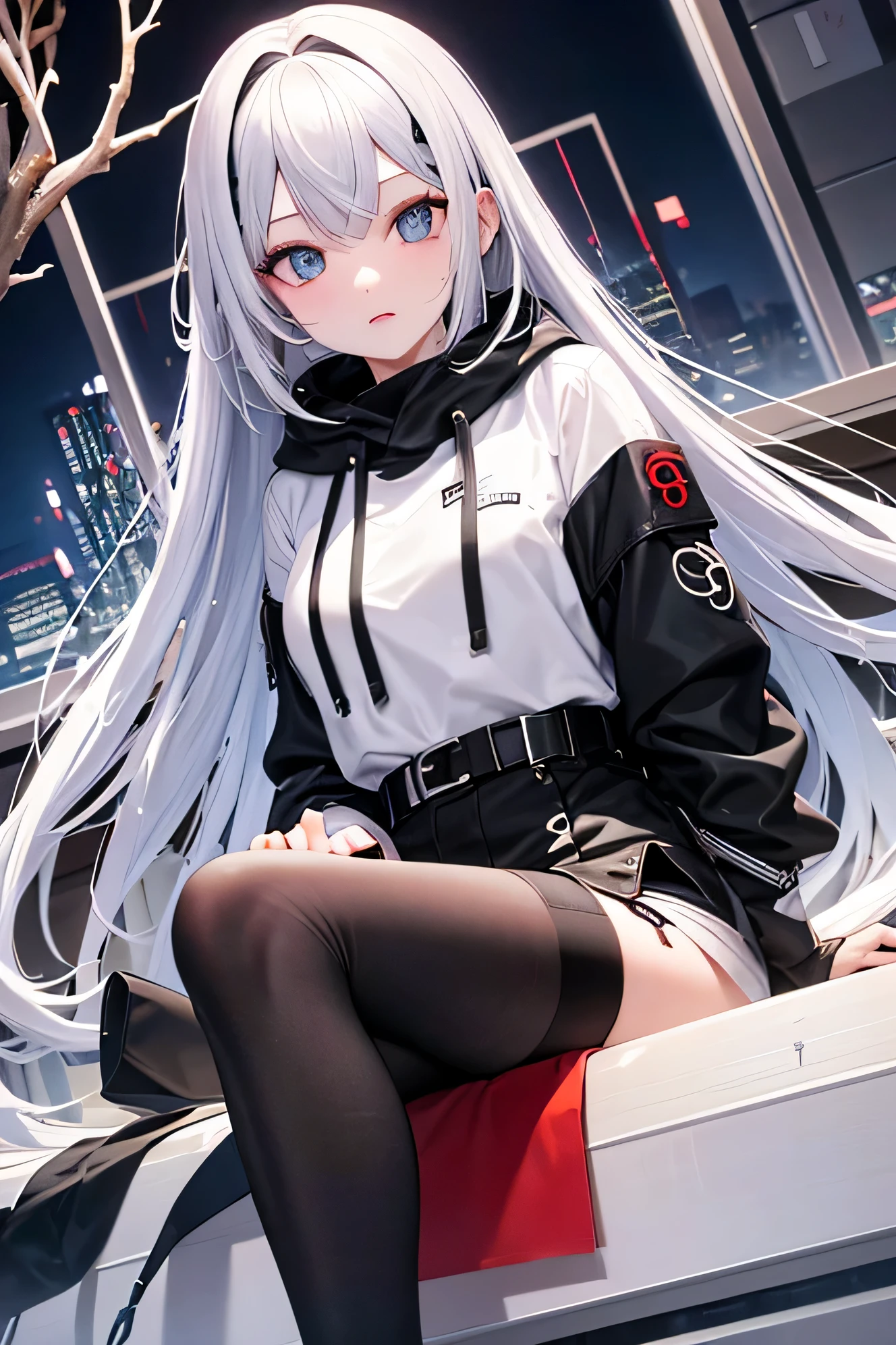 highest quality, highest resolution, masterpiece, Super detailed, 1 girl,white skin、silver hair, long flowing hair, blue eyes, wood grain、Ruthless、cool look、black and red(8:2)color hoodie,Gray belted roll-up shorts、white inner、Black Pants Stockings、black short boots、midnight, city,city内、Leaning on a large bike, whole body, diagonal angle