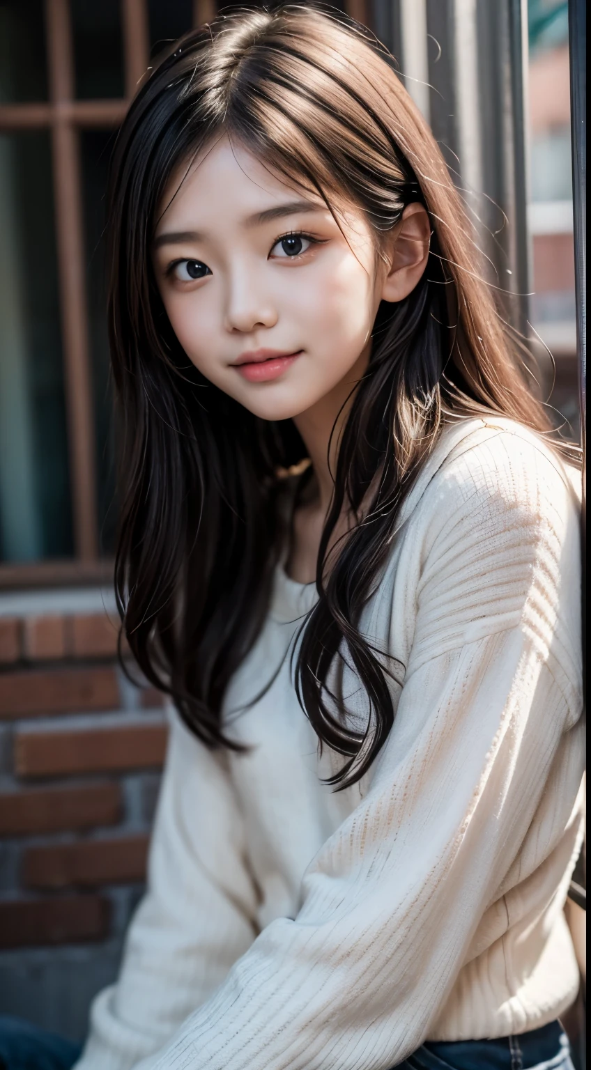 top-quality、masterpiece、超A high resolution、(Photorealsitic:1.4)、Raw photo、女の子 1 人、Japanese girl、Smiling smile、length hair、Golden hair、Eyes and faces with detailed、White sweater、Dynamic lighting、in the darkness nigth、deep-shadows、lowkey、Cowboy Shots