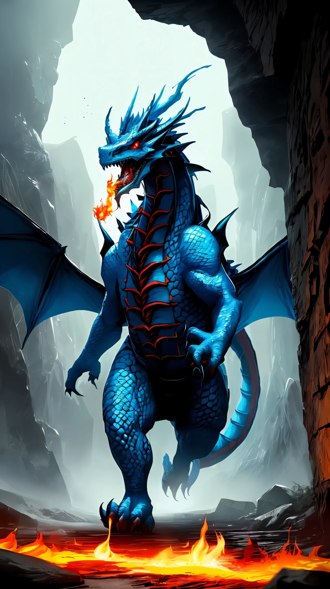 (8K, RAW photo, 最high quality, masterpiece:1.2), High-definition RAW color photo, Professional photo shoot, cinematic light, RPG design, dark fantasy graphics, blue scale dragon, dragon, ((Overall shot)), ((((blue dragon baby:1.2, Breathe out fiery breath from your mouth)))), (((Four-legged walking, 仔dragon:1.2))), don&#39;t draw people, fantasy art, dungeon background, Stone dungeons, dim lighting, film grain, background bokeh, high quality, surreal, bright colors, ((very detailed, photo shoot)),