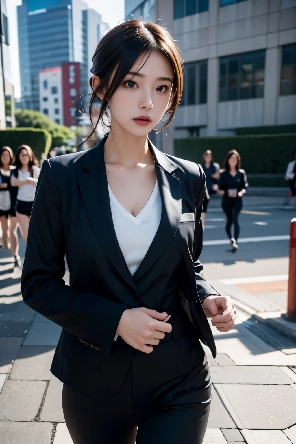 highest quality, masterpiece, ultra high resolution, (realistic: 1.4), RAW photo, 1 girl, alone, running, hair, woman, suit, thin, 25 years old, Japanese