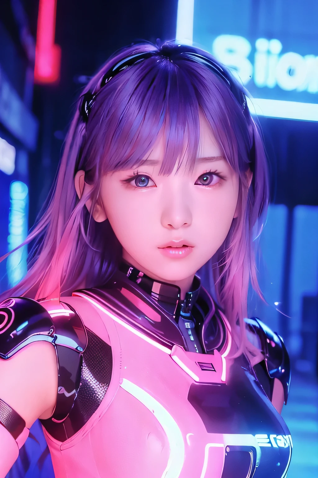 Beautiful female semi-robot in neon noir, cyber punk, neon pink, back alley, neon sign, low contrast, low illumination, very detailed, neon blue ash color hair, (slim)、flat body、、cute、round face、background blur、((Close-up of a headshot))