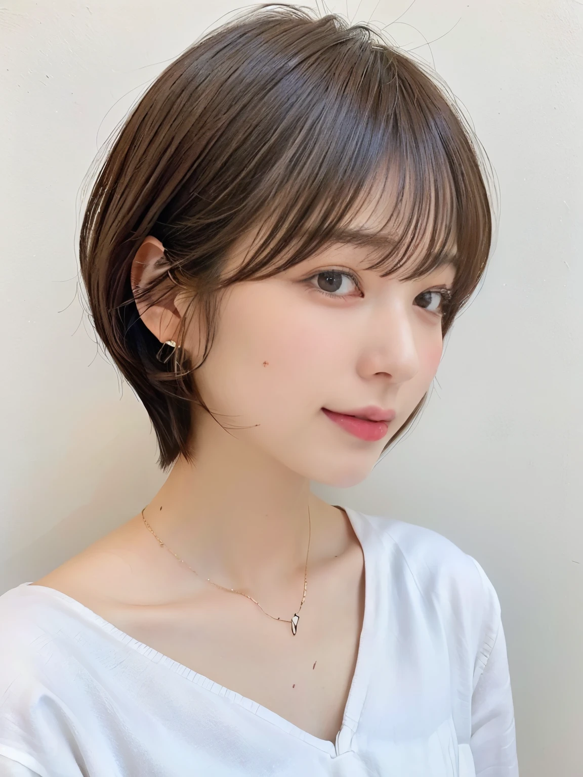 (highest quality、8K、32K、masterpiece、nffsw:1.2)、Photo of Japanese woman in her 20s、very short bobbed hair、Upper body、necklace、shot from above、Don'Don'Don'Don'don't look at the audience、(realistic、Photoreal:1.37)、1 girl、Shot in natural light、Physically based rendering、excellent image quality、High resolution、1080P、(Detailed facial description)、(Detailed explanation of hands)、(Detailed CG)、Rich details、(exquisite features)、(best image quality)、(masterpiece)、(fine eyes)、delicate clavicle、Versatile poses、profile、white wall、Taken in front of the white door、(窓のあるwhite wallの部屋)、earrings、laughter、Spring clothes、 shortcut、short hair、((white blouse))