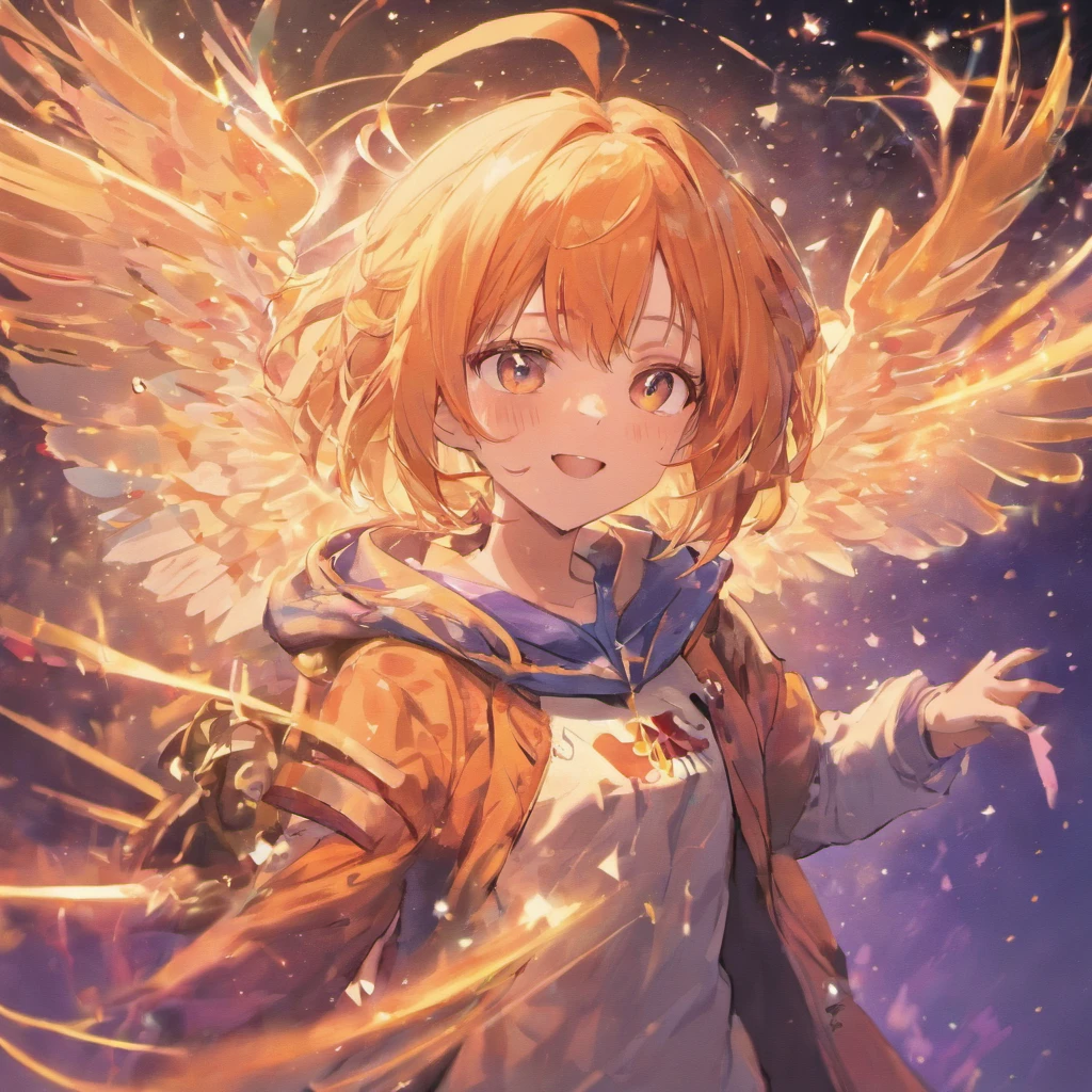 anime style、from diagonally below、Upper body、looking at the camera、20th generation、Glitter eyes、angelic nose、Smile with closed mouth、smile、medium hair、orange、Jacket、small breasts、Slender、arms folded、Houtai、sunrise、Book、healing spell