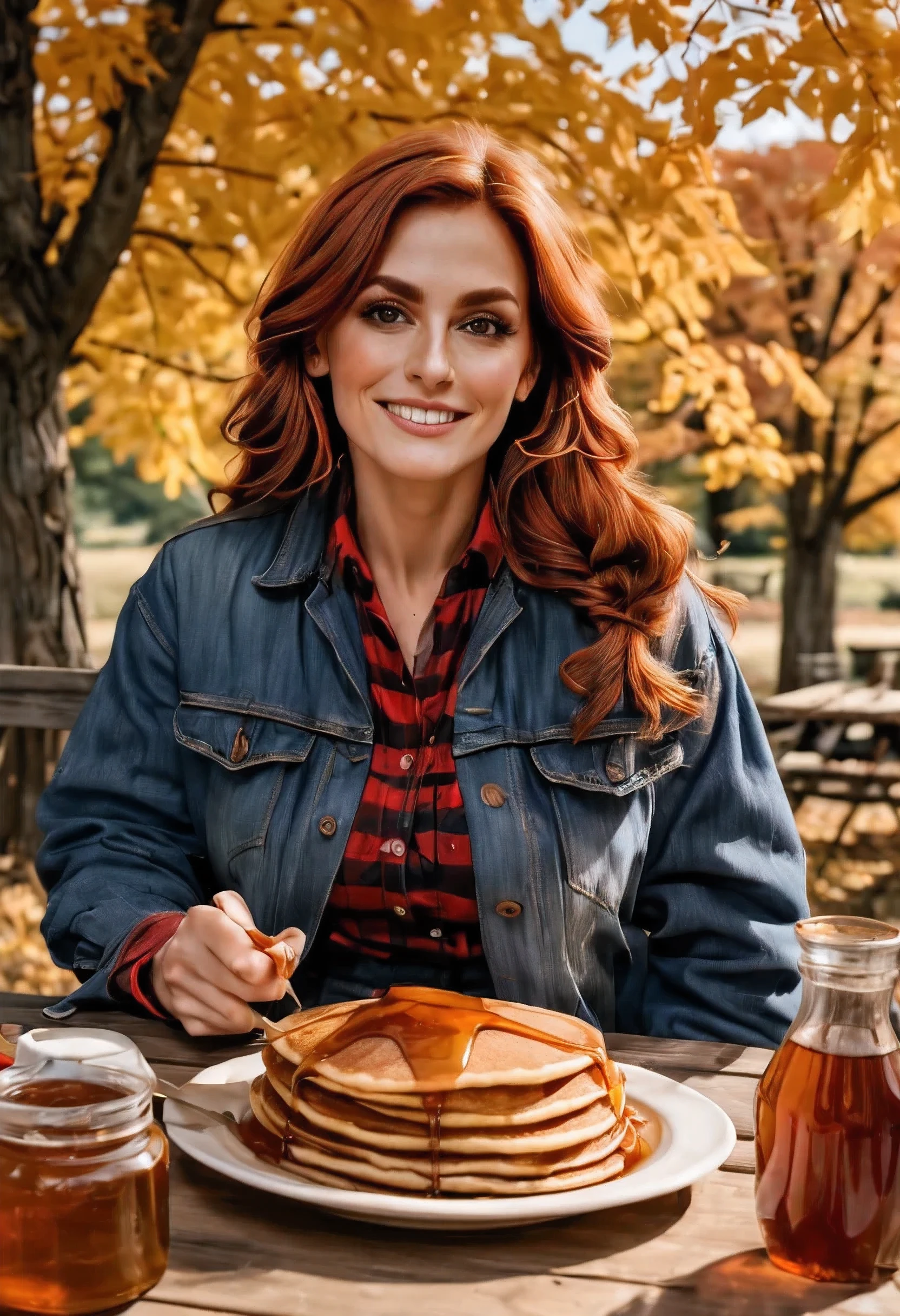(full shot: 1.3), a beautiful 40-year old woman sitting outside under a autumn maple tree, at a picnic table, eating a stack of pancakes with maple syrup, syryp bottle on the table. She has brownish-red hair, hair made into a loose braid, (dark eyebrows:0.8) and high cheekbones, brown eyes, (downturned eyes), light skin and (freckles: 0.8), she has a voluptuous figure and (massive breasts), (sagging breasts), she is wearing jeans and a loose red flannel shirt under a denim jacket.