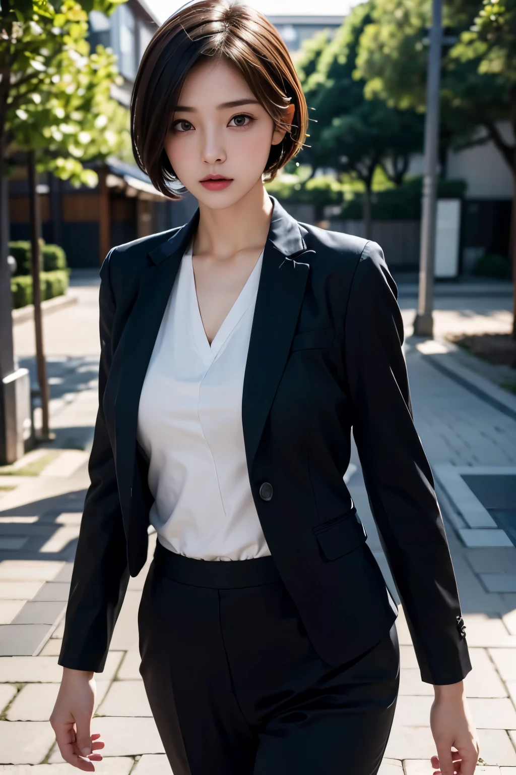 highest quality, masterpiece, ultra high resolution, (realistic: 1.4), RAW photo, 1 girl, alone, running, short hair, woman, suit, thin, 25 years old, Japanese