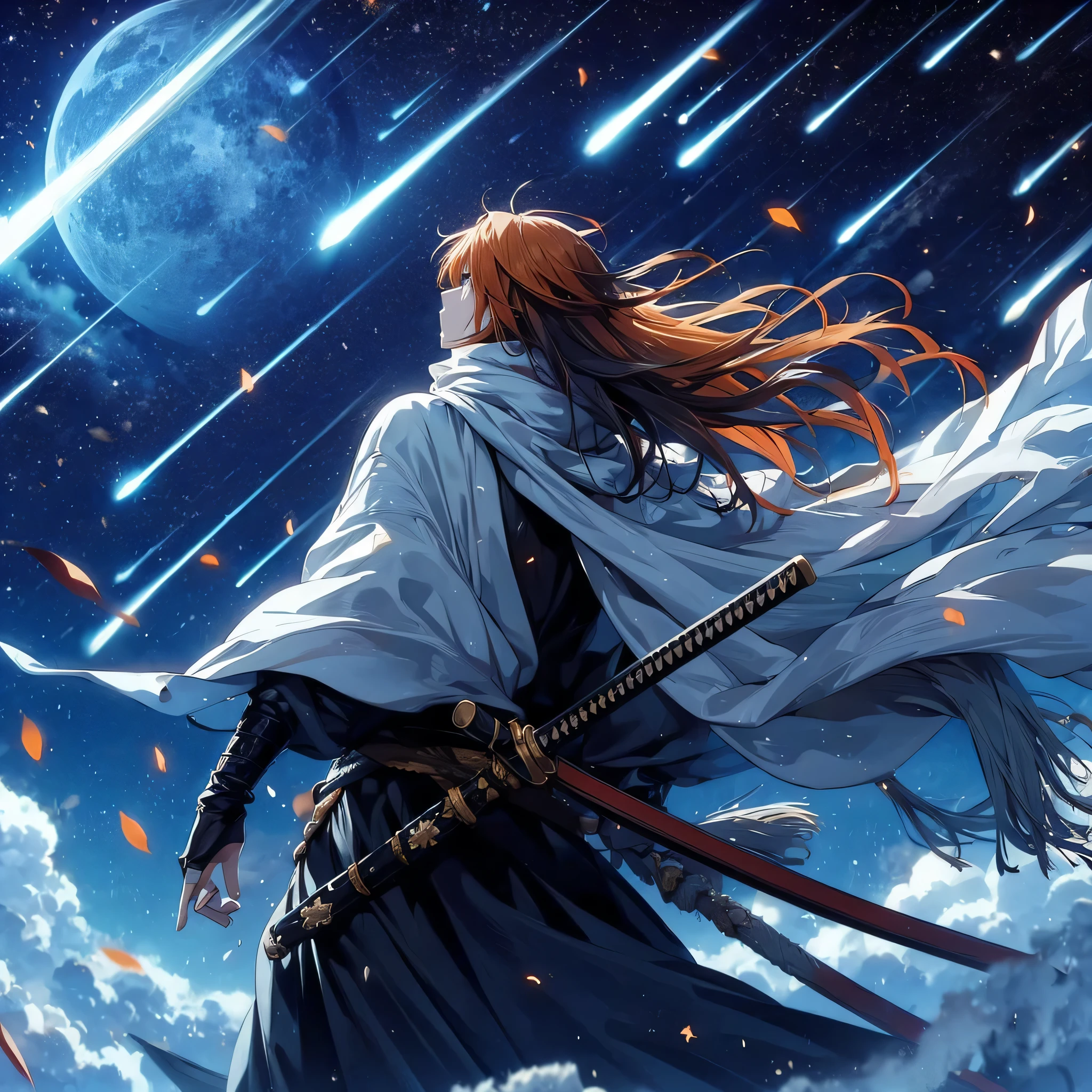 a view of a meteor shower and someone wearing a sword, long orange hair, a boy wearing a white scarf, samurai clothes