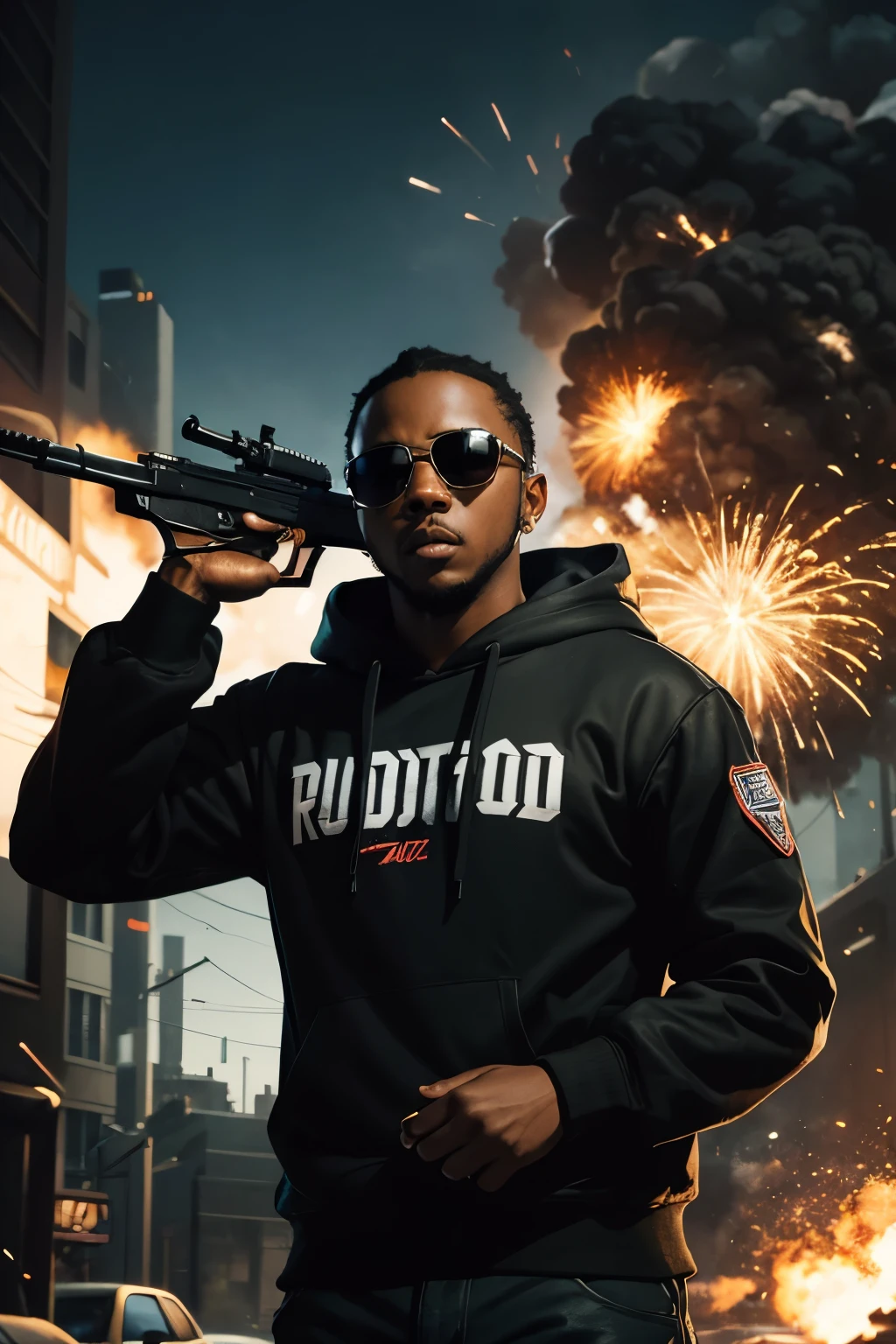 Kendrick Lamar as a random shooter hero,illustration,oil painting,medium,detailed character,urban atmosphere,confident facial expression,cool sunglasses,hoodie,firing a gun,explosions in the background,bullet shells flying in the air,best quality,ultra-detailed,photorealistic,vivid colors,high contrast lighting.