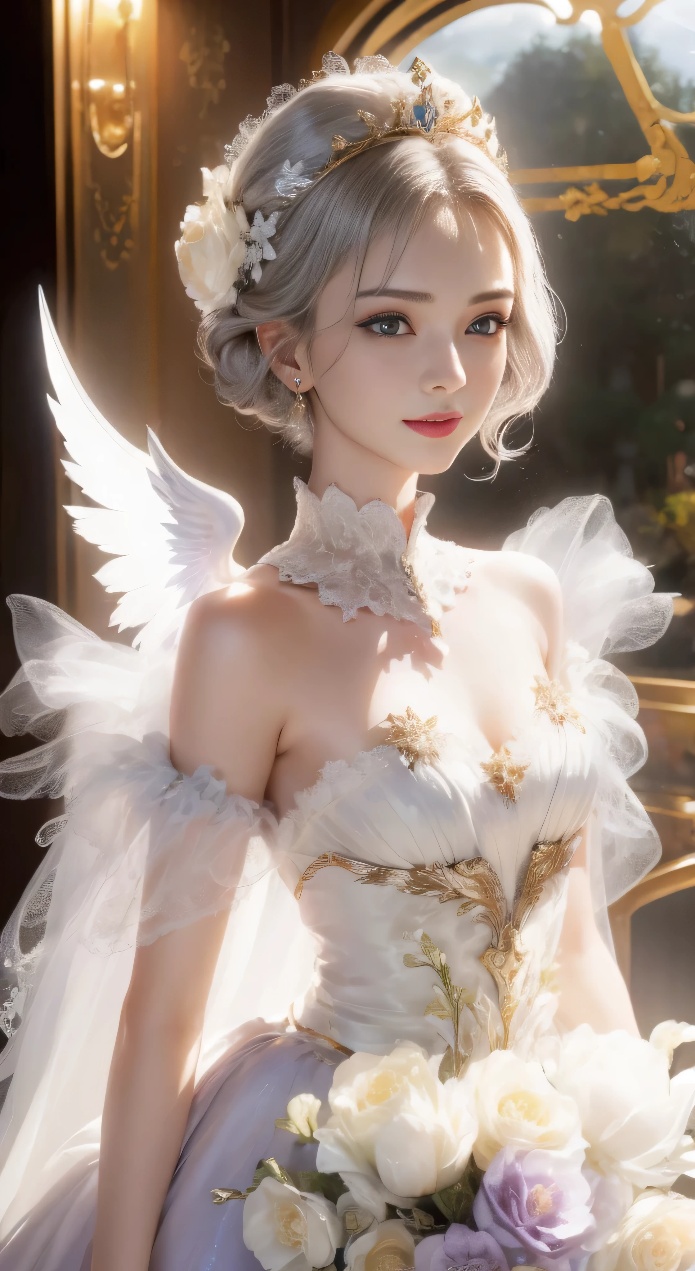 castle in the distance、face is in front、look at the camera、profile、8K、real photos、ultra high resolution, master parts, highest quality, ticker , cinematic images,nice girl、Ann、16 only、Annグロサクソン、double eyelid、droopy eyes、very big eyes、eyes are purple、dark eye shadow、lips are very thin、The tip of your nose grows beautifully.......................................................、small nose,,,,, very detailed , silver hair、straight short hair、smile、 sweet expression 、)、very clear shadows , jewelry , fine eyes, extremely difficult, shiny skin , パーフェクトブリリAnnト, perfect sentence, dramatic shadow、white tiara on head、Gold necklace around the neck、White aristocratic dress with gold embroidery、glass high heels、angel wings
