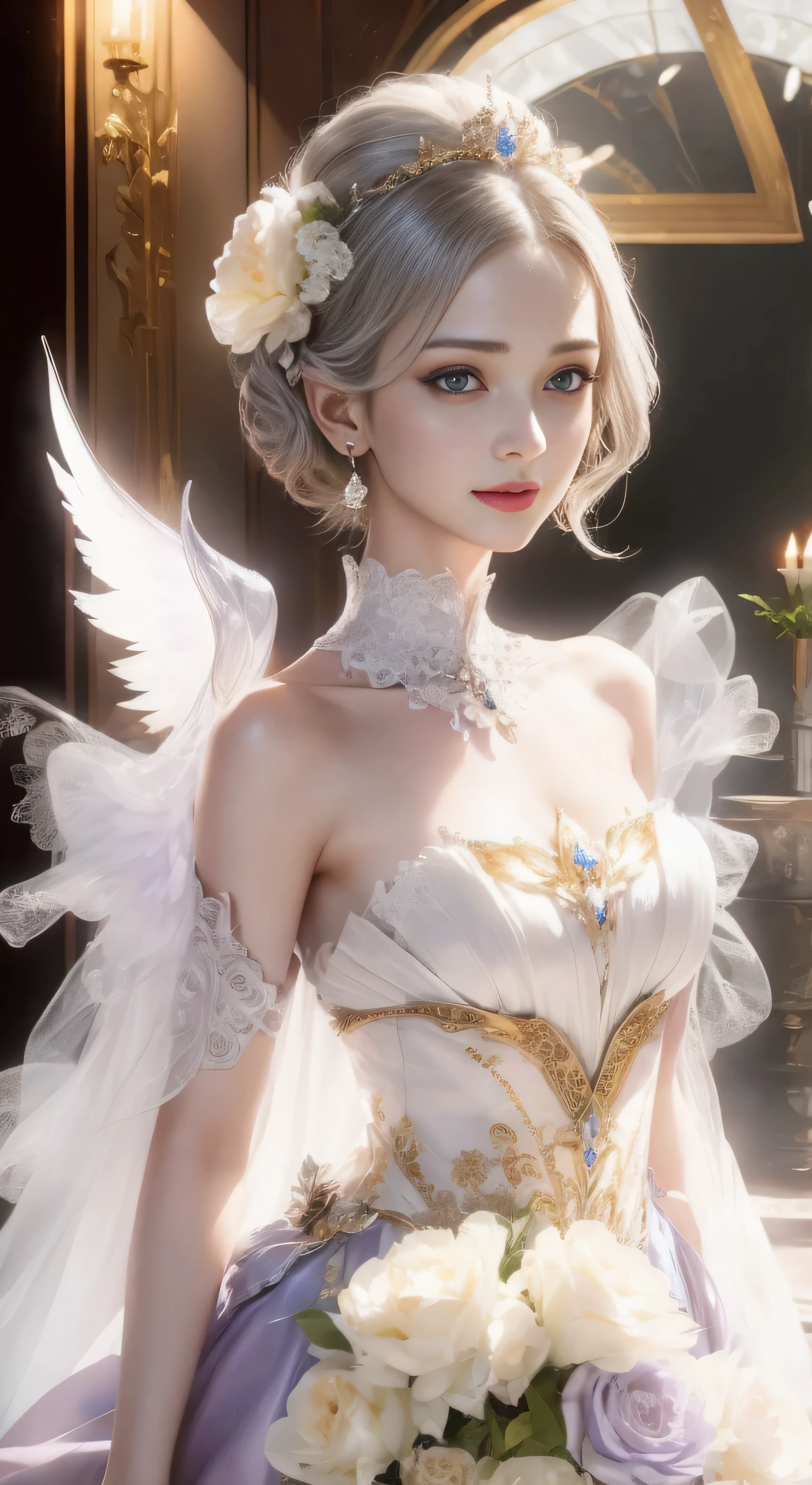 castle in the distance、face is in front、look at the camera、profile、8K、real photos、ultra high resolution, master parts, highest quality, ticker , cinematic images,nice girl、Ann、16 only、Annグロサクソン、double eyelid、droopy eyes、very big eyes、eyes are purple、dark eye shadow、lips are very thin、The tip of your nose grows beautifully.......................................................、small nose,,,,, very detailed , silver hair、straight short hair、smile、 sweet expression 、)、very clear shadows , jewelry , fine eyes, extremely difficult, shiny skin , パーフェクトブリリAnnト, perfect sentence, dramatic shadow、white tiara on head、Gold necklace around the neck、White aristocratic dress with gold embroidery、glass high heels、angel wings