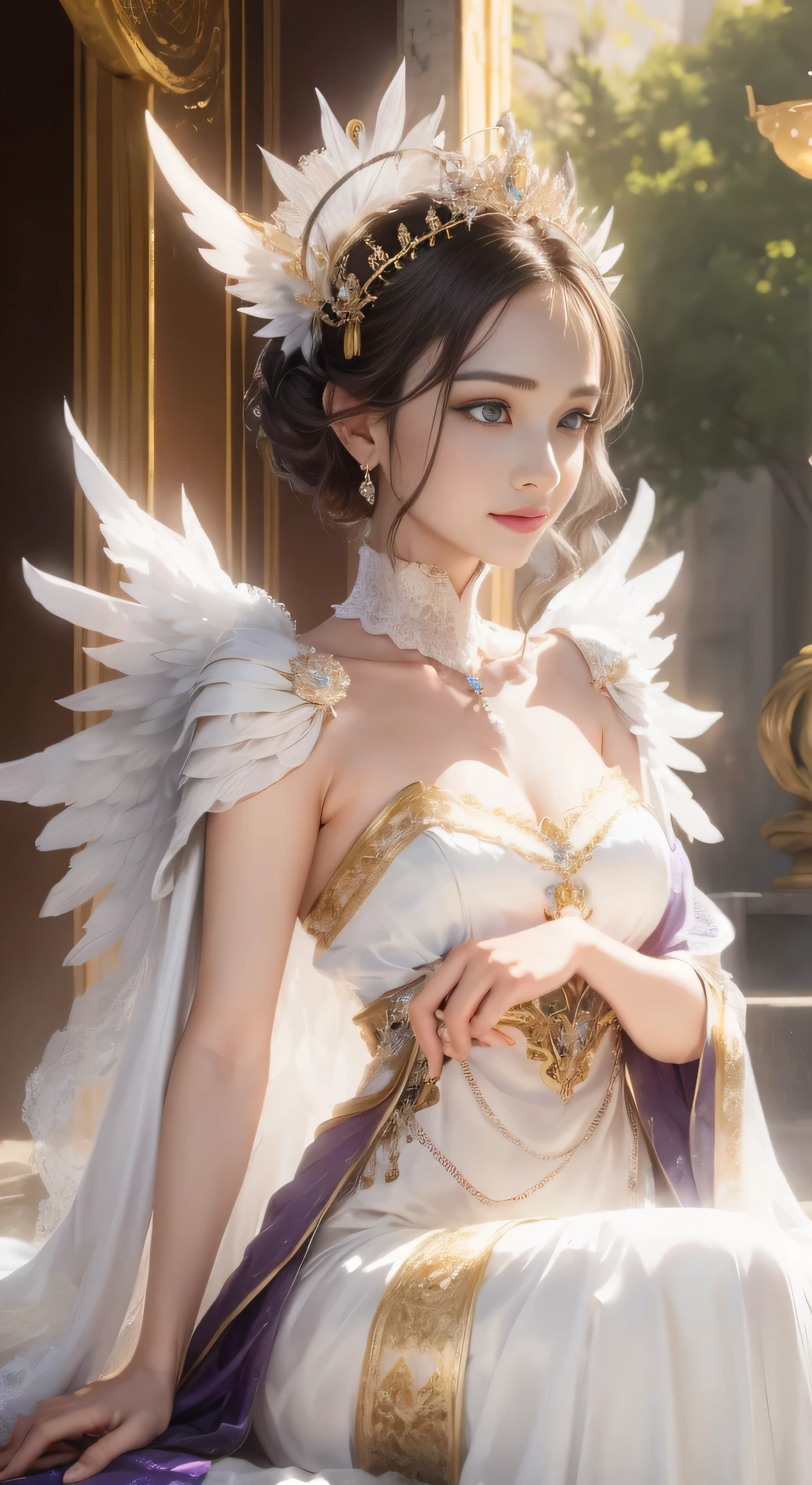 castle in the distance、face is in front、look at the camera、profile、8K、real photos、ultra high resolution, master parts, highest quality, ticker , cinematic images,nice girl、Ann、16 only、Annグロサクソン、double eyelid、droopy eyes、very big eyes、eyes are purple、dark eye shadow、lips are very thin、The tip of your nose grows beautifully...........................................、small nose,,,,, very detailed , silver hair、straight short hair、smile、 sweet expression 、)、very clear shadows , jewelry , fine eyes, Very difficult, shiny skin , パーフェクトブリリAnnト, perfect sentence, dramatic shadow、white tiara on head、Gold necklace around the neck、White aristocratic dress with gold embroidery、glass high heels、angel wings