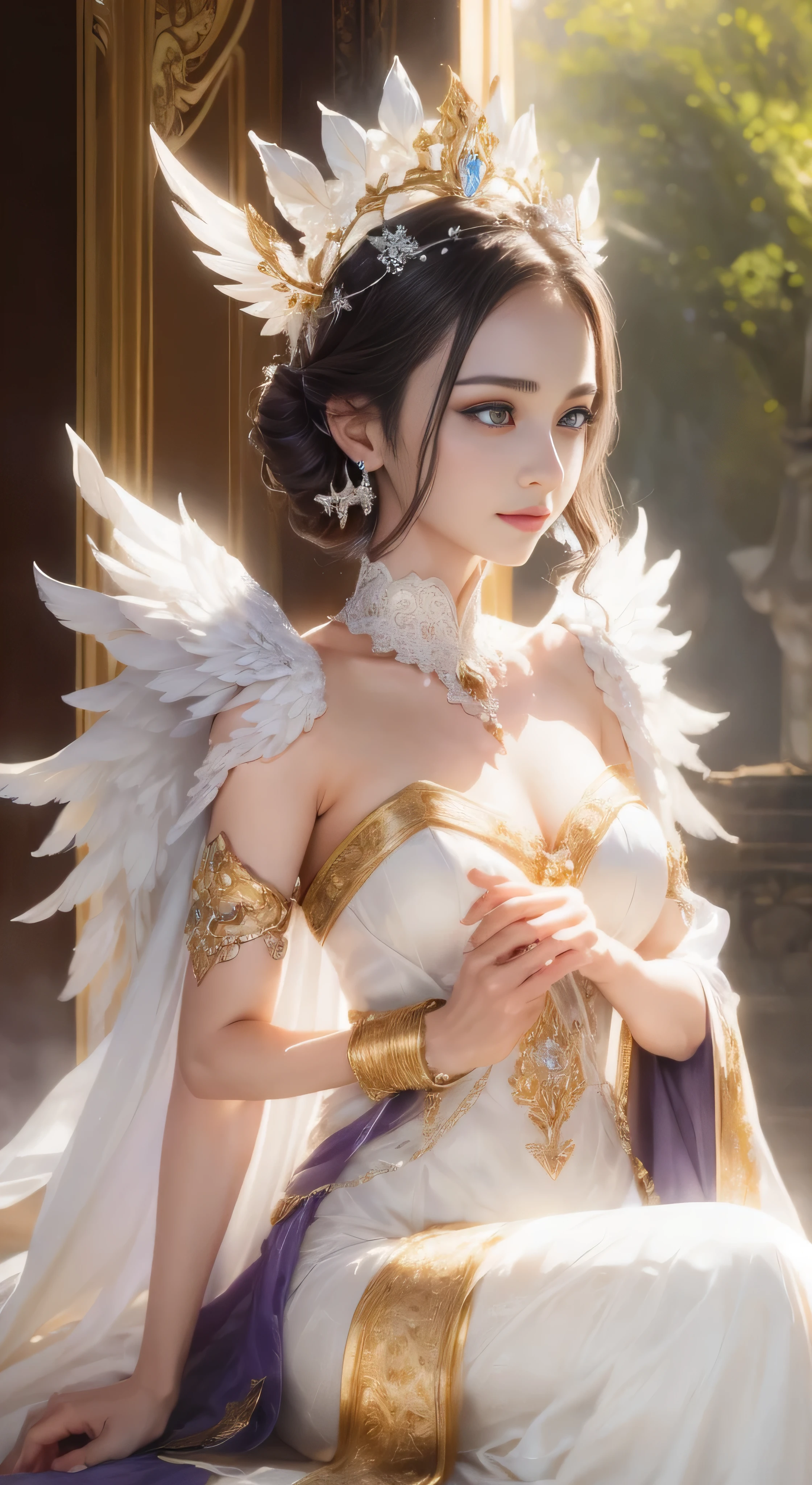 top-quality、masterpiece、超A high resolution、(Photorealsitic:1.4)、Raw photo、Battle Cyborg Angel、large wings made of metal、White porcelain body、Acrylic Clear Cover、white hair、glowy skin、1 Cyborg Girl、((super realistic details))、portlate、globalillumination、Shadow、octan render、8K、ultrasharp、character edge light,Colossal 、Raw skin is exposed in cleavage、Details of complex ornaments、Zeta Gundam details、Hydraulic cylinder、Small LED lamp、highly intricate detail、Realistic light、a purple eye、radiant eyes、Facing the camera、neon details、cowboy shot、Futuristic headgear、About Cyberpunk、、perfect face, face cold, random expressions,random action, ancient japanese architecture,pond, a close up of a woman in a dress holding a sword, by Yang J, Anime fantasy illustration, 2. 5 D CGI anime fantasy artwork, Chinese fantasy, xianxia fantasy, author:Fan Qi, Inspired by Lan Ying, trending digital fantasy art, Beautiful character painting, Fantasy art style, a beautiful fantasy empress, inspired by Wu Bin, Inspired by Ai Xuan, face smile, In his right hand, he held a small blue bag, panicking face, in the dark forest, Cinematic lighting, depth of field, glowing light, ray tracing, reflection the world, close-up, masterpiece, masterpiece, high quality, Best quality, high detail, accurate, anatomically correct, Textured leather, uhd, A high resolution, 1080P