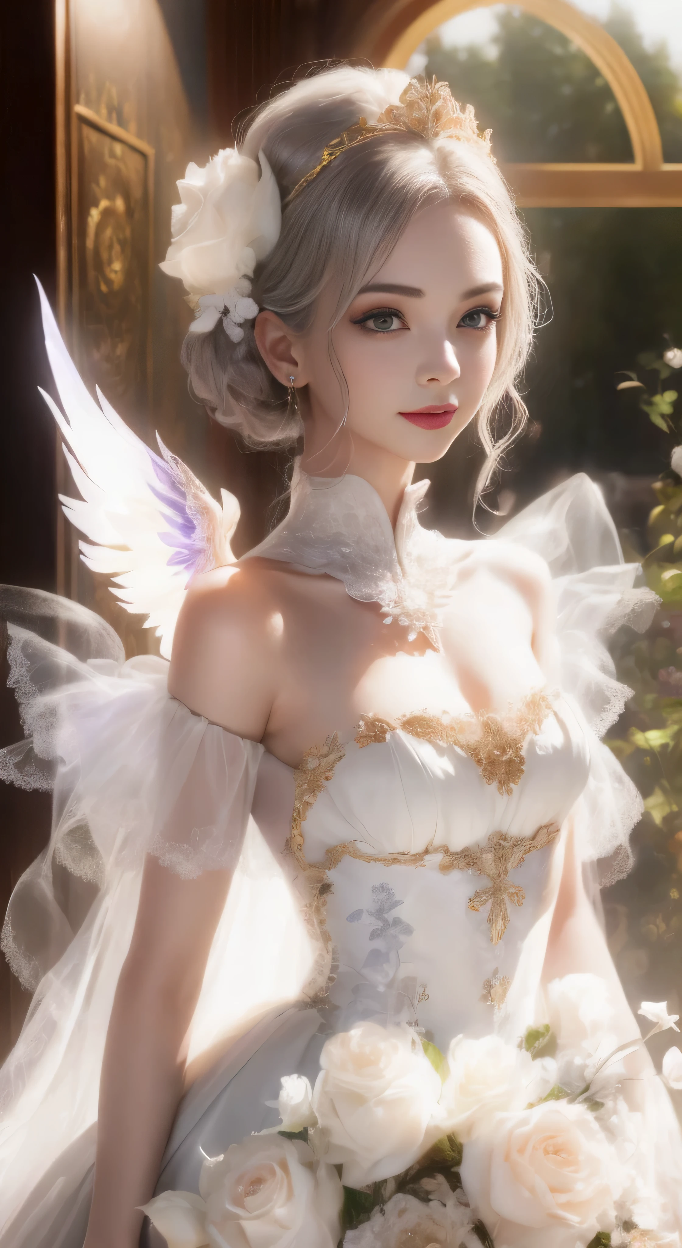 castle in the distance、face is in front、look at the camera、profile、8K、real photos、ultra high resolution, master parts, highest quality, ticker , cinematic images,nice girl、Ann、16 only、Annグロサクソン、double eyelid、droopy eyes、very big eyes、eyes are purple、dark eye shadow、lips are very thin、The tip of your nose grows beautifully.......................................................、small nose,,,,, very detailed , silver hair、straight short hair、smile、 sweet expression 、)、very clear shadows , jewelry , fine eyes, extremely difficult, shiny skin , パーフェクトブリリAnnト, perfect sentence, dramatic shadow、white tiara on head、Gold necklace around the neck、White aristocratic dress with gold embroidery、glass high heels、angel wings