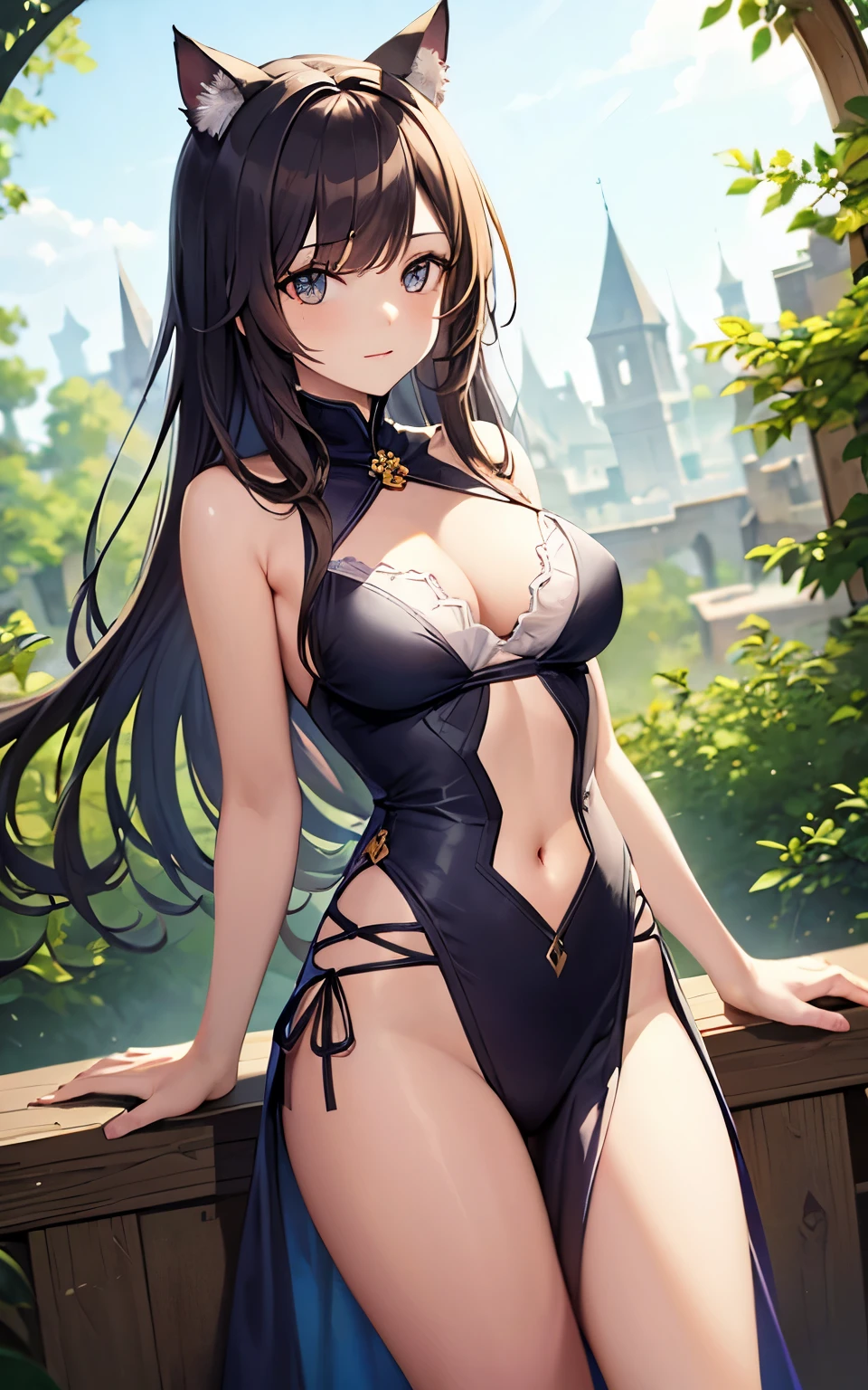best quality, cute cat ears girl, Cute fantasy world lightly dressed, fantasy world, smooth skin,