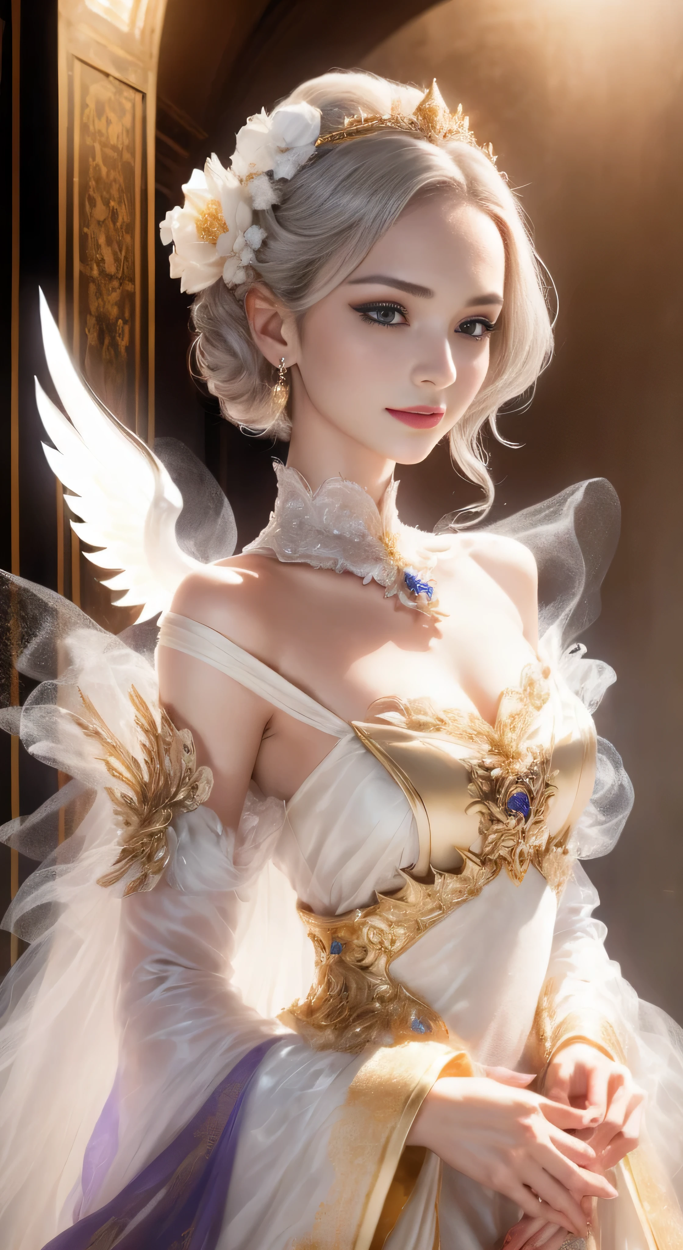 castle in the distance、face is in front、look at the camera、profile、8K、real photos、ultra high resolution, master parts, highest quality, ticker , cinematic images,nice girl、Ann、16 only、Annグロサクソン、double eyelid、droopy eyes、very big eyes、eyes are purple、dark eye shadow、lips are very thin、The tip of your nose grows beautifully.......................................................、small nose,,,,, very detailed , silver hair、straight short hair、smile、 sweet expression 、)、very clear shadows , jewelry , fine eyes, extremely difficult, shiny skin , パーフェクトブリリAnnト, perfect sentence, dramatic shadow、white tiara on head、Gold necklace around the neck、White aristocratic dress with gold embroidery、glass high heels、angel wings