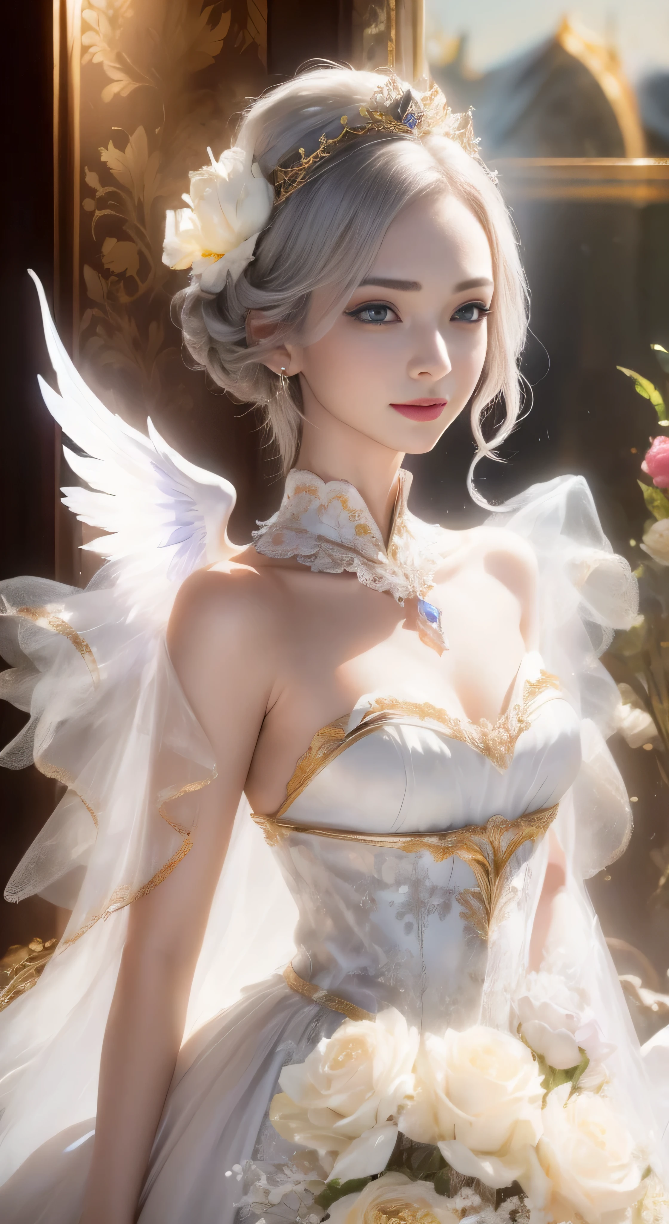 castle in the distance、face is in front、look at the camera、profile、8K、real photos、ultra high resolution, master parts, highest quality, ticker , cinematic images,nice girl、Ann、16 only、Annグロサクソン、double eyelid、droopy eyes、very big eyes、eyes are purple、dark eye shadow、lips are very thin、The tip of your nose grows beautifully.......................................................、small nose,,,,, very detailed , silver hair、straight short hair、smile、 sweet expression 、）、very clear shadows , jewelry , fine eyes, extremely difficult, shiny skin , パーフェクトブリリAnnト, perfect sentence, dramatic shadow、white tiara on head、Gold necklace around the neck、White aristocratic dress with gold embroidery、glass high heels、angel wings