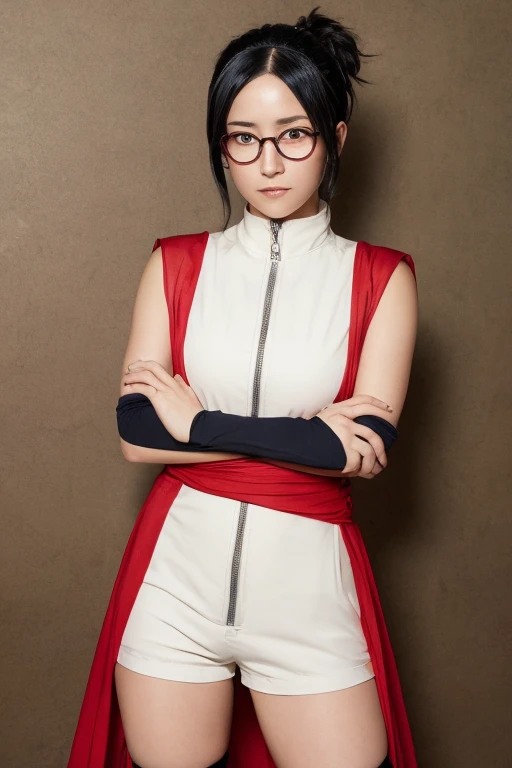 best quality, ultra high res, (photorealistic:1.4), absurdres, (masterpiece:1.4), 3dmm, official art, intricate details, animification, skindentation, cowboy shot of Uchiha Sarada \(Boruto: Naruto Next Generation\), 1girl, solo, black hair, short hair, red eyes, shiny eyes, sharingan, forehead protector, konohagakure symbol, NarutoHeadband, red-framed glasses, arm warmers, clenched hand, foreshortening, red dress, sleeveless dress, zipper, pelvic curtain, white shorts, black thighhighs, thigh holster, fighting stance, electricity, chidori,