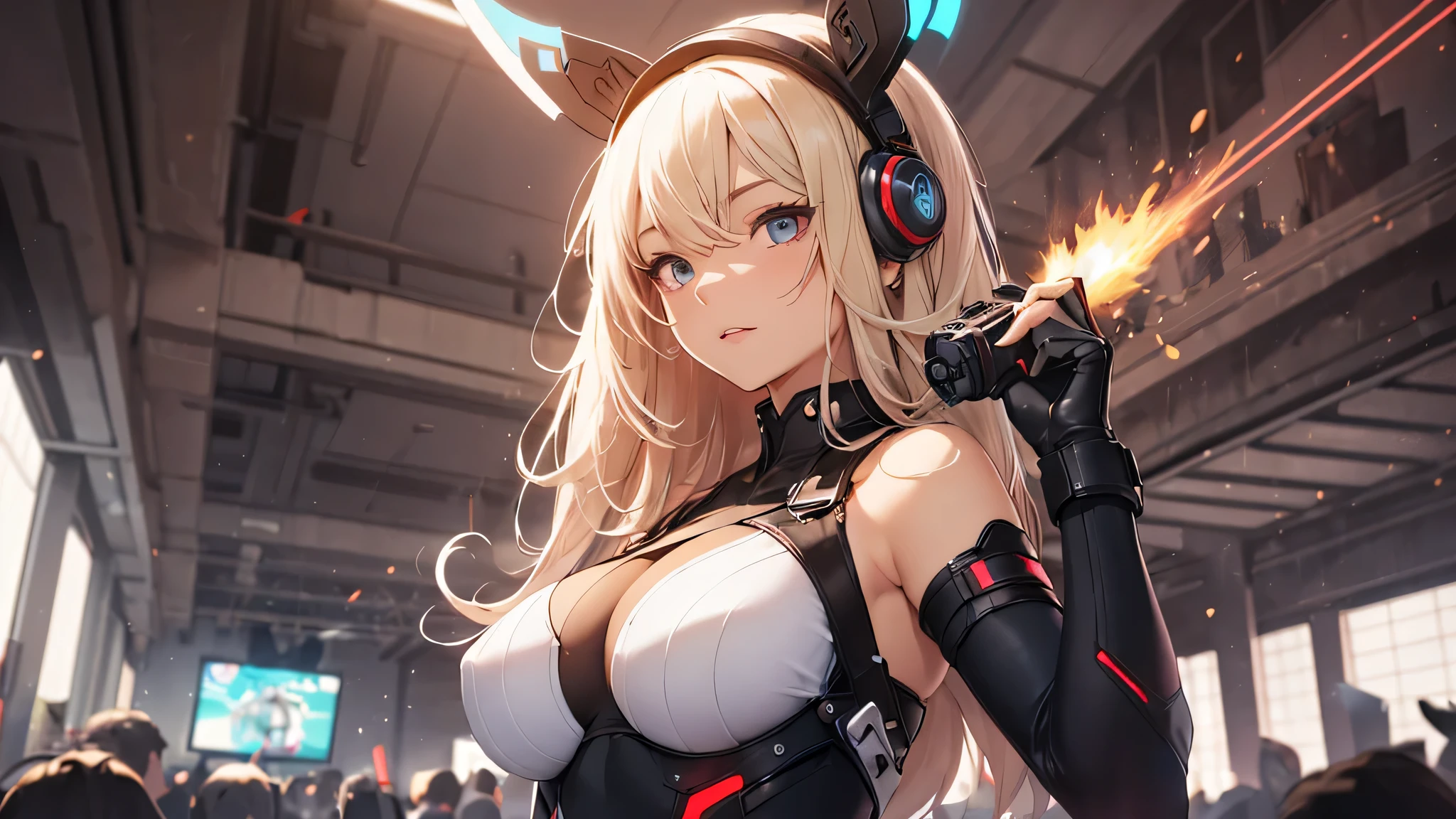 最high quality、best image quality、masterpiece、Android Girl((Robot body、20-year-old、 By becoming、vest bust、medium bust,wide open breast tea、black eye, blonde hair、long hair、thin,highest valley、glowing battle uniform、elationのある動き、Leaning forward heavily、Feeling of sprinting、glowing head visor、carry two handguns)),high quality、beautiful art、background((huge hall venue、high speed、Red laser))、debris flies、書かれた境界のdepth、movie、visual art、perfect art、8K,genuine、elation、Dynamic expression(1:2)、elation、depth((big explosion))