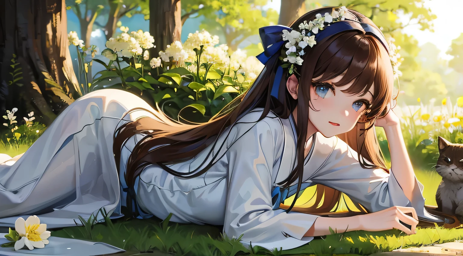 Creates a widescreen image of a gentle anime style girl with long hair。, flowing black hair and headband. sheソフトを持っています, Captivating eyes and gentle expression. girl wears spring outfit、A ribbon is tied in front.. she、The background is a bright green forest with sunlight filtering through the trees.。, Project a pattern of light and shadow. The scenery is quiet and natural, A carpet of white flowers is dotted on the grass floor, Makes you feel the freshness of spring.