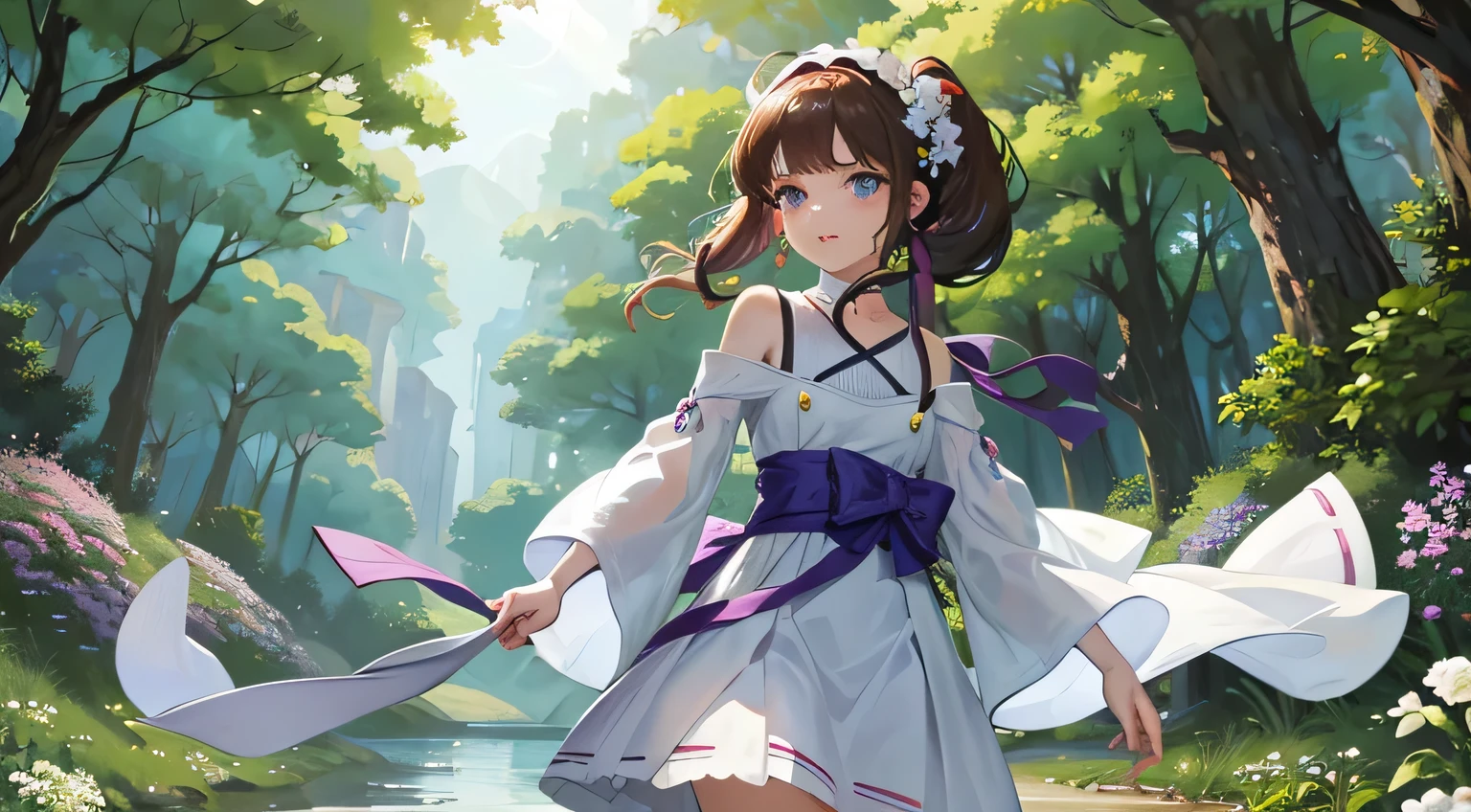 Creates a widescreen image of a gentle anime style girl with long hair。, flowing black hair and headband. sheソフトを持っています, Captivating eyes and gentle expression. girl wears spring outfit、A ribbon is tied in front.. she、The background is a bright green forest with sunlight filtering through the trees.。, Project a pattern of light and shadow. The scenery is quiet and natural, A carpet of white flowers is dotted on the grass floor, Makes you feel the freshness of spring.