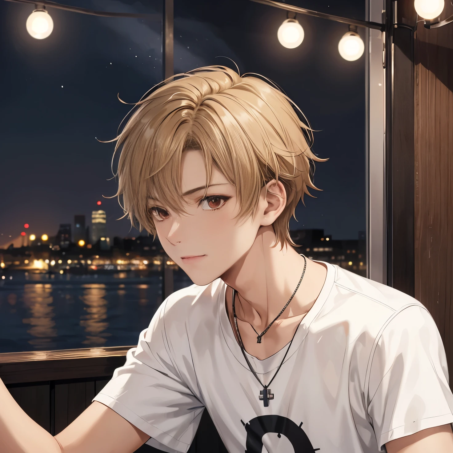 1 boy,solo,18 years old,faint smile,Facing sideways,Looking to the other side, Clear face, HD face, perfect face, ultra detailed face,camera angle from the side,close up photo,handsome,cross necklace,messy hair, short hair, blonde hair, black t-shirt, black trousers,red eyes,vampire