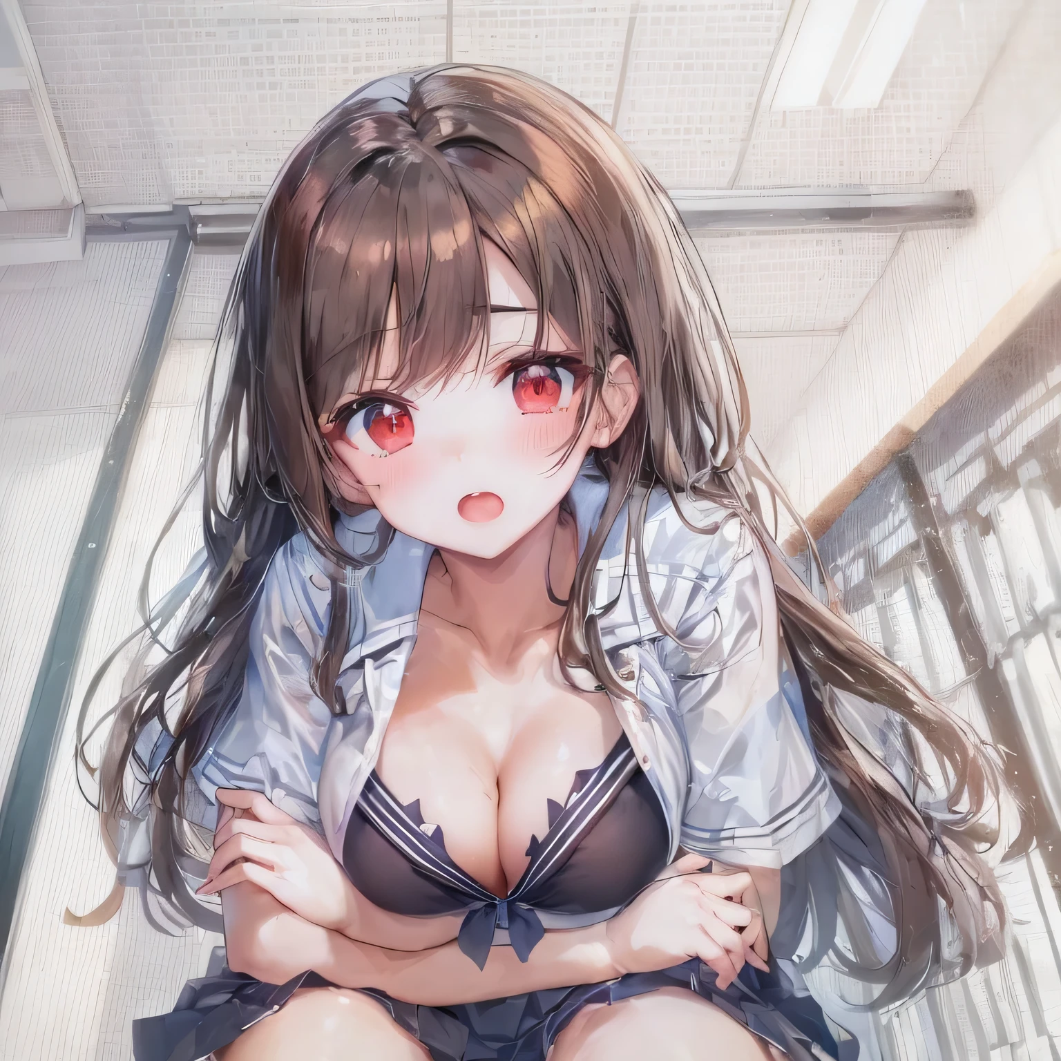 masterpiece, highest quality,shape,sailor suit,slanted eyes,straight hair,brown hair,side part,super dense skin,calf white socks,beautiful and detailed eyes,blush,short sleeve shirt,red eyes