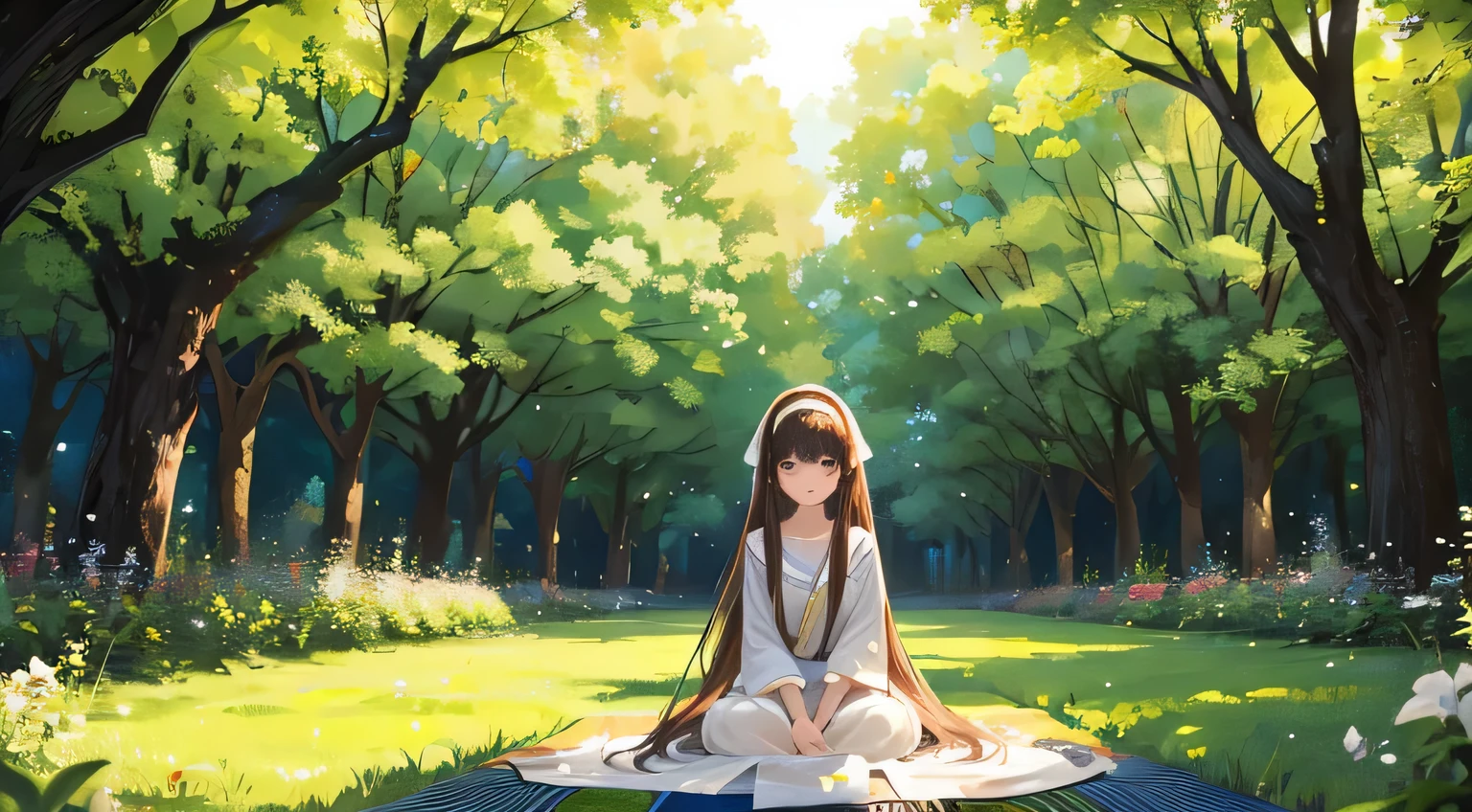 Creates a widescreen image of a gentle anime style girl with long hair。, flowing black hair and headband. sheソフトを持っています, Captivating eyes and gentle expression. girl wears spring outfit、A ribbon is tied in front.. she、The background is a bright green forest with sunlight filtering through the trees.。, Project a pattern of light and shadow. The scenery is quiet and natural, A carpet of white flowers is dotted on the grass floor, Makes you feel the freshness of spring.