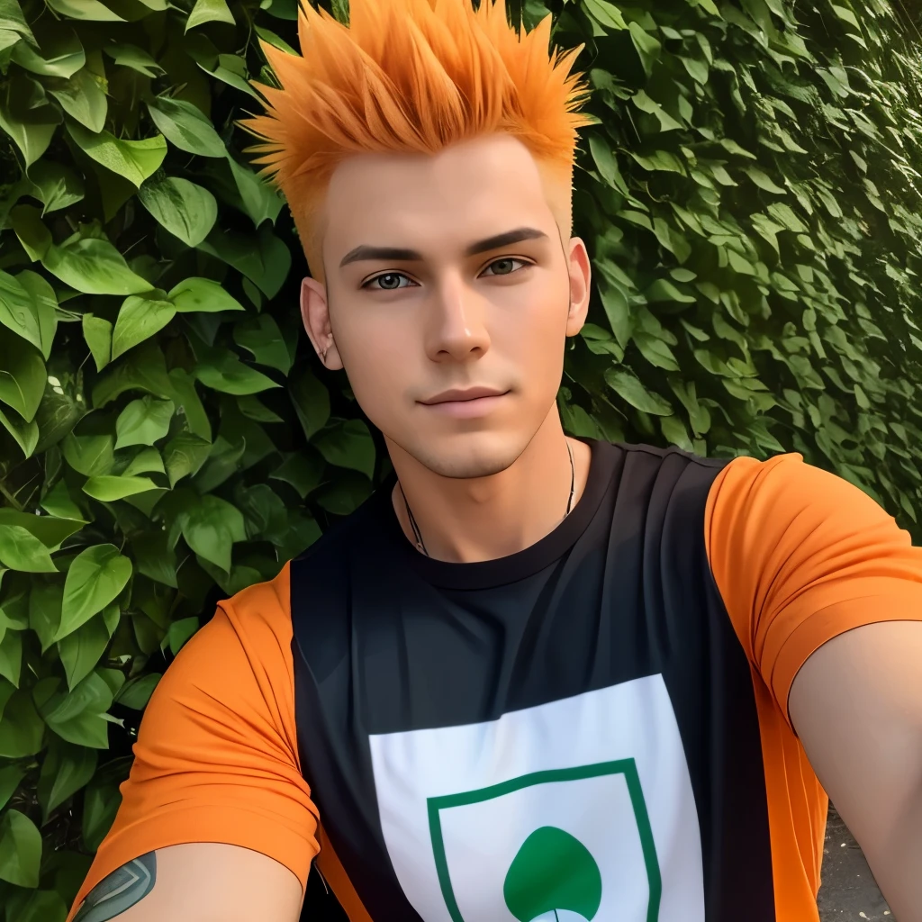 A man with an orange shirt and spiky hair takes a selfie in front of a green wall.
