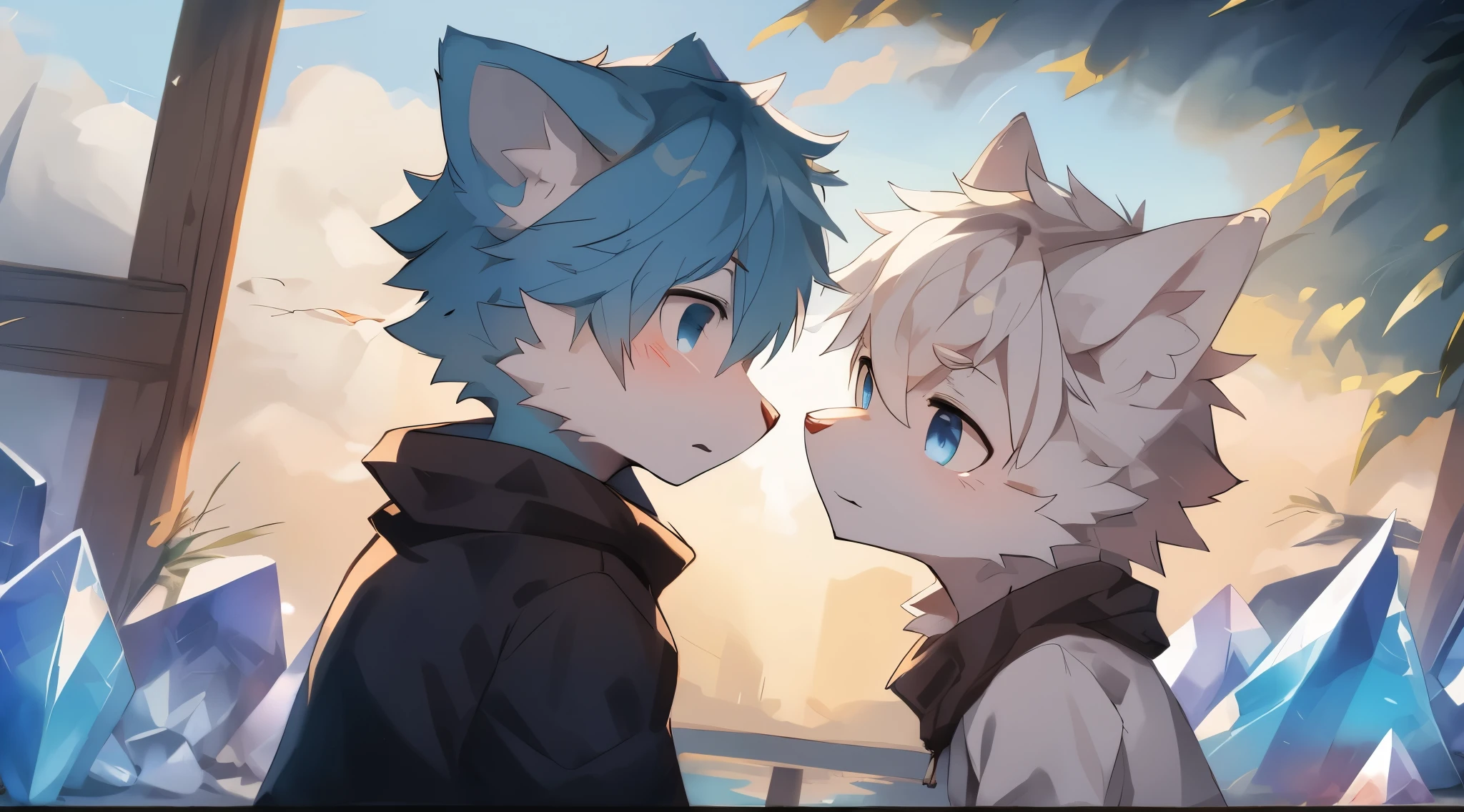 hairy,Wolf Boy,white fur,crystal blue eyes,单hairy尾巴,white hair,Short hair details,seaside,under the sunset,blue and white hair,Correct facial features