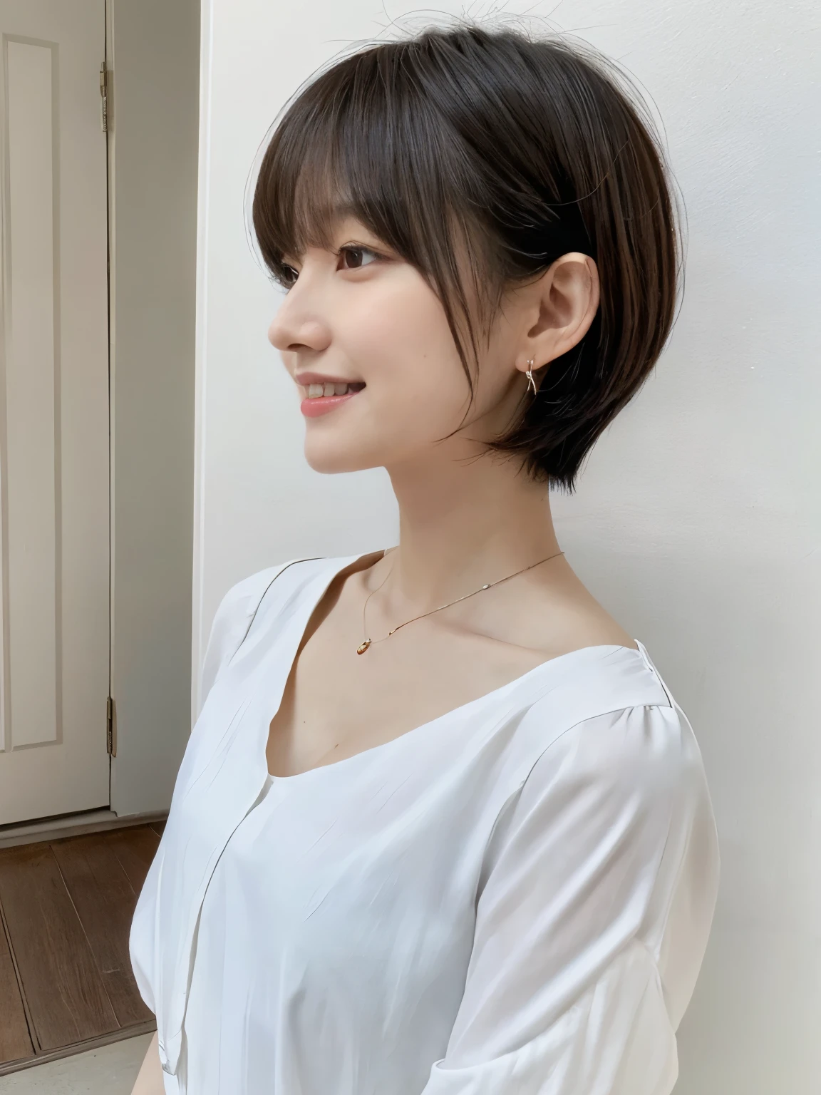 (highest quality、8K、32K、masterpiece、nffsw:1.2)、photo of cute japanese woman、very short bobbed hair、Upper body、necklace、shot from above、Don'Don'Don'don't look at the audience、(realistic、Photoreal:1.37)、1 girl、Shot in natural light、Physically based rendering、excellent image quality、High resolution、1080P、(Detailed facial description)、(Detailed explanation of hands)、(Detailed CG)、Rich details、(exquisite features)、(best image quality)、(masterpiece)、(fine eyes)、delicate clavicle、Versatile poses、profile、white wall、Taken in front of the white door、(窓のあるwhite wallの部屋)、earrings、laughter、Spring clothes、 shortcut、short hair、((white blouse))