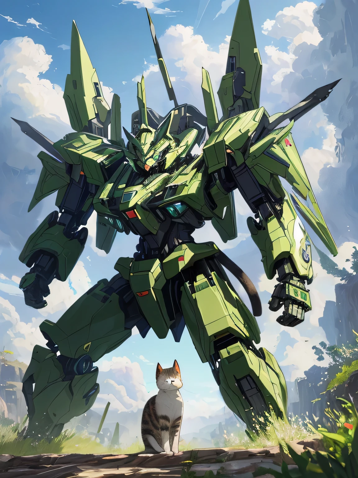 Unorganized solutions, High resolution, (masterpiece: 1.3), hyper detail, Mecha, (((cat design))),Green Armor, floating in the sky (1.8) Against the background of blue sky and white clouds