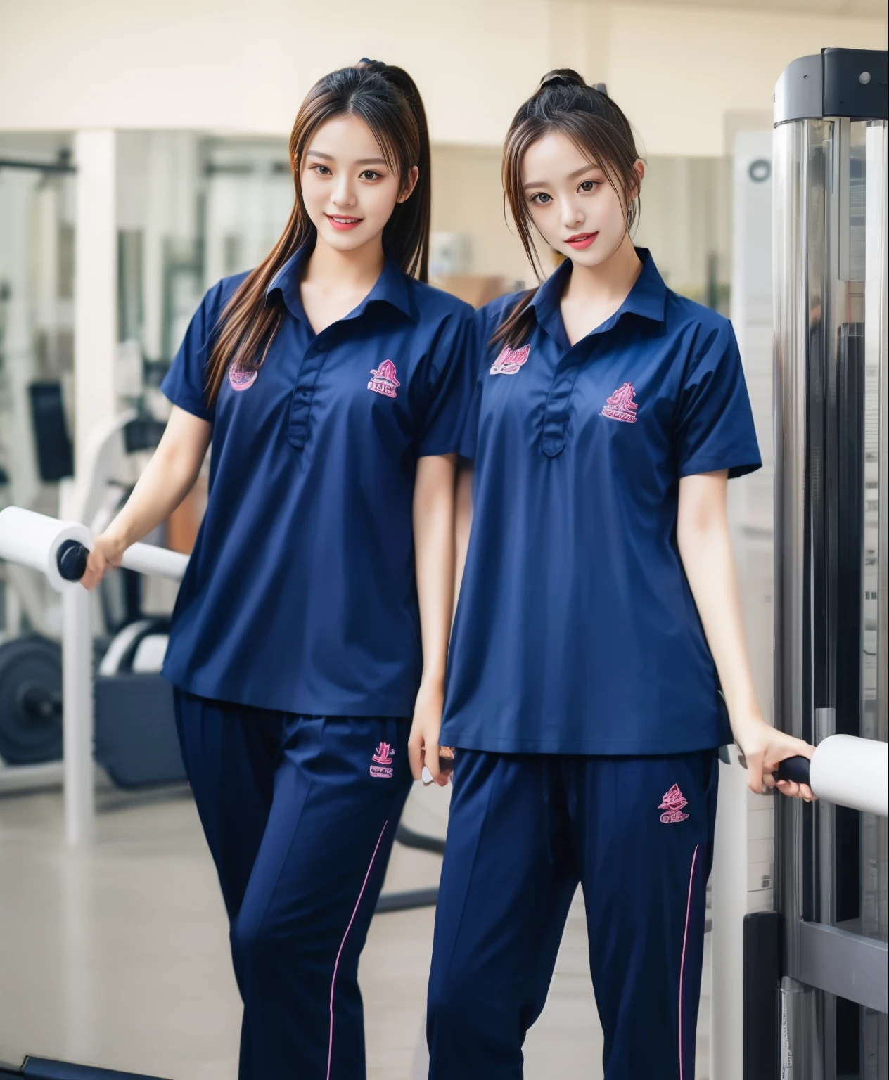 3 girls in fitness center, Navy blue short-sleeved shirt,Navy Long Trackpant,Sweatpants, Sweatpantsขายาว,25 year old girl, lesbian, sexy, exercise clothes, wet body, exercise clothes
