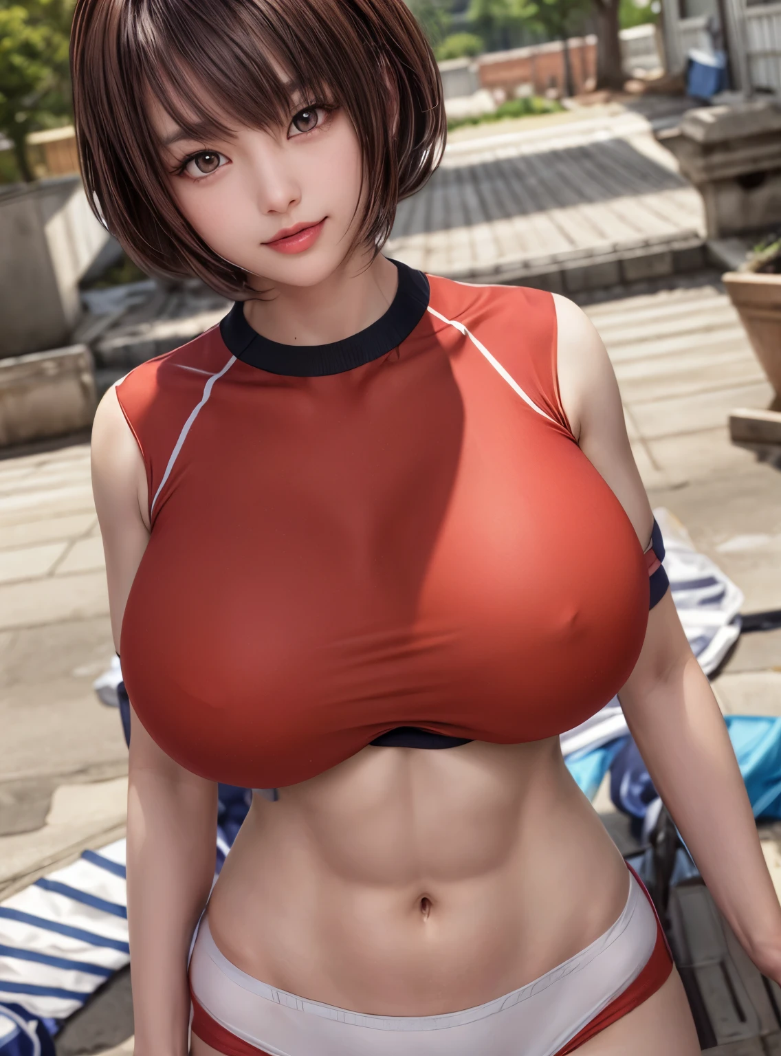 A woman in a track and field uniform poses in her backyard., brown hair、bob hair、Perfect body with realistic shading, very high detail, yayoi kasuma, photorealistic perfect body, sfw huge breasts, revealing clothes, Kasuma Yayoi&#39;s Tips, big breasts!, Ultra high definition, kasumi arimura style 3/4, very high detail!!, perfect details