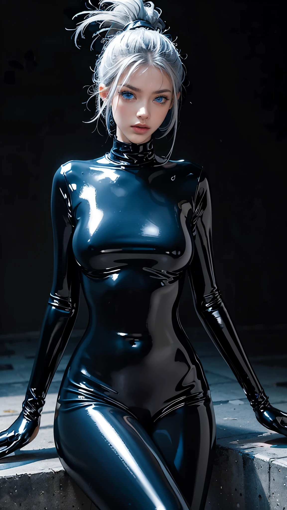fashion brand collection, highly detailed, beautiful, masterpiece, best quality, Geometric style, abstract beauty,1 girl, (all body shot, sitting and posing:1.3), dynamic pose, approaching perfection, digital painting, artstation, (concept art:1.3), illustration, white and black colors, abstract forms, Complex, surreal, BREAK (Glossy, latex, Liquid, rubber:1.4), casual fashion and Cyber taste, Coexistence of baggy and Tight wear,Scattered geometry, Cyber Full face helmet with Face mask, (Abstract artBlurry complicated background:1.2), (gray hair, blue eyes:1.4),