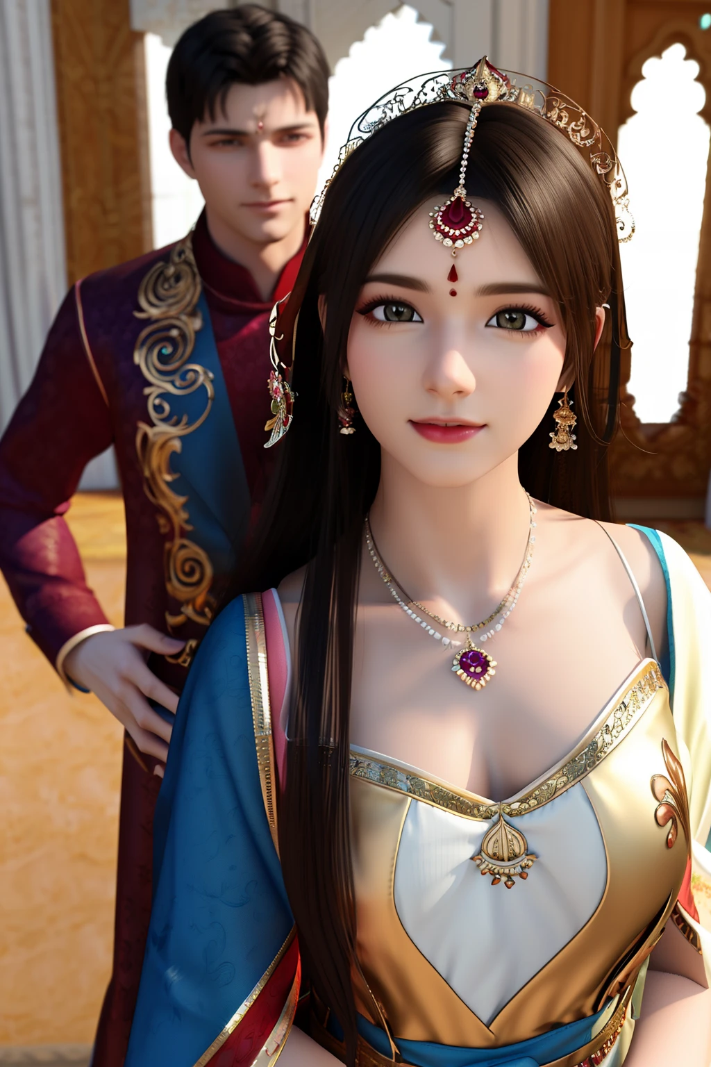 ((best quality)), ((masterpiece)), (detailed), perfect face, a cartoon of a man and woman dressed in Indian clothing, leaked image, Indian wedding style, dressed in a Indian Wedding, HD illustration, super high resolution, happy couple, wearing fantasy formal clothing, of Indian princess, 3 d render stylized, Indian girl with brown skin, lovely couple, Full Portrait Image, Detailed Finger, Face, Hand and leg, Full photo top to bottom. Detailed Face.