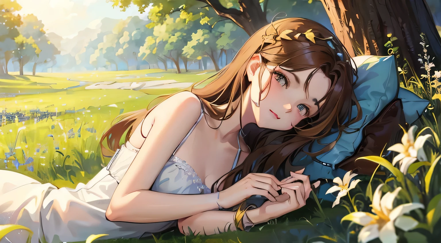 A quiet anime-style girl with long hair, Flowing brown hair decorated with dark blue ribbons and white flowers, lying on a green meadow. she looks calm, stare at the viewer, The sunlight gives a warm glow to her face. The meadow is dotted with wild flowers、tree in the background々is illuminated by golden light. A curious brown cat sits nearby, Add camaraderie to the scene. The atmosphere is peaceful and idyllic, Capturing the perfect spring day.