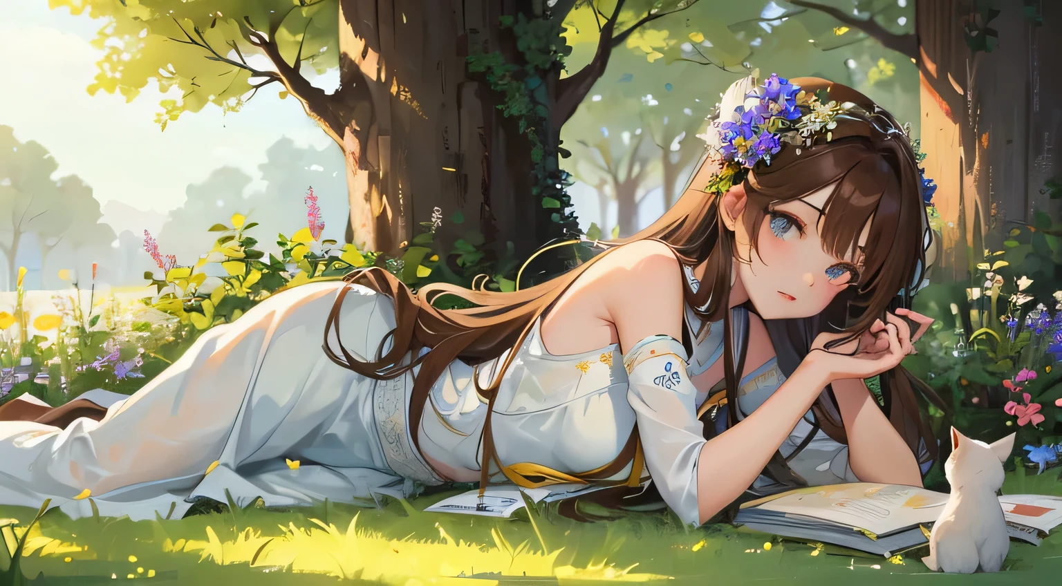 A quiet anime-style girl with long hair, Flowing brown hair decorated with dark blue ribbons and white flowers, lying on a green meadow. she looks calm, stare at the viewer, The sunlight gives a warm glow to her face. The meadow is dotted with wild flowers、tree in the background々is illuminated by golden light. A curious brown cat sits nearby, Add camaraderie to the scene. The atmosphere is peaceful and idyllic, Capturing the perfect spring day.