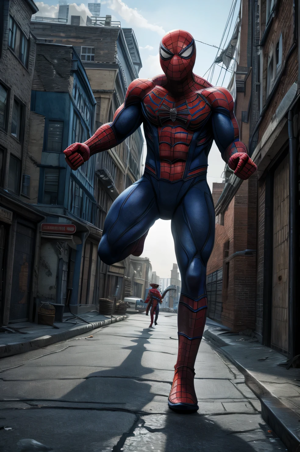 Create and portray a scene, in which Spider-Man and the Teenage Mutant Ninja Turtles run together along the streets of a metropolis., high detail, a high resolution, 8K