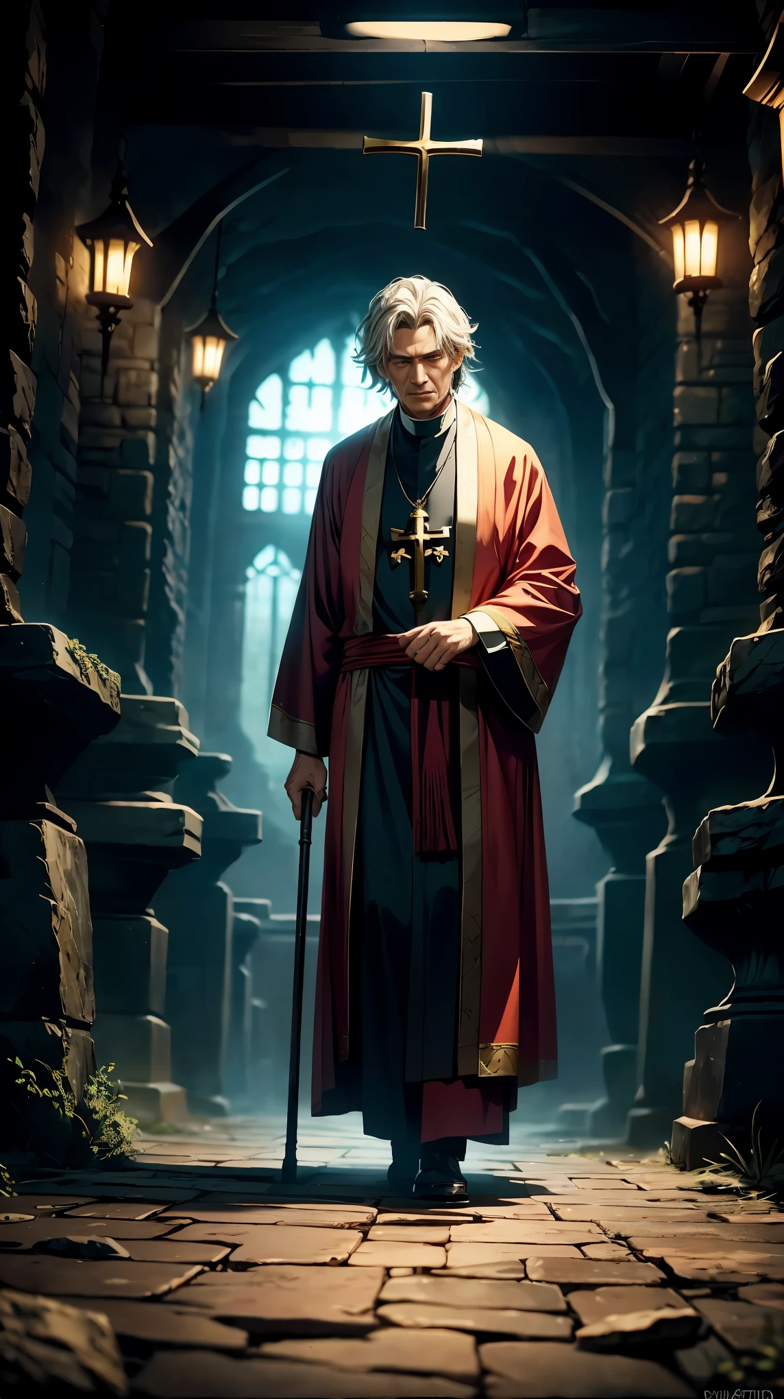 (8K, RAW photo, 最high quality, masterpiece:1.2), High-definition RAW color photo, Professional photo shoot, cinematic light, RPG design, dark fantasy graphics, Humanoid monsters, 暗黒の魔力に魅せられたbishop, ((full body shot)), (((priest))), bishop, Man in a robe, holding a small cane in hand, fantasy art, ((Underground dungeon background, Stone dungeons)), dim lighting, film grain, background bokeh, high quality, surreal, ((very detailed, photo shoot)),