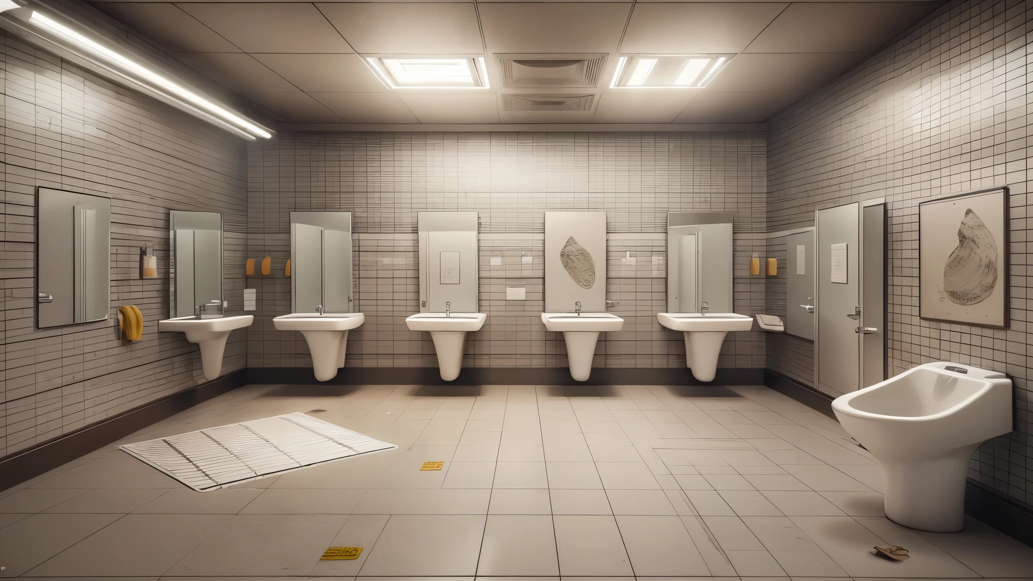 Create a realistic digital image depicting a public toilet scene. Start by sketching the basic outline of the restroom structure, including walls, doors, and a roof. Add fixtures commonly found in a public restroom, such as toilets, urinals, sinks, and hand dryers, arranging them in a typical layout. Pay attention to details like toilet paper holders, soap dispensers, and signage indicating restroom rules. Incorporate individuals using the facilities, including people entering or exiting the restroom, washing hands at sinks, or waiting in line. Include diverse individuals to reflect the public nature of the restroom. Enhance realism by adding accessories like trash cans, toilet brushes, and cleaning supplies. Apply lighting to simulate overhead or natural light sources, adding shadows beneath objects for depth. Refine details, ensuring proportions, perspective, and symmetry are accurate.