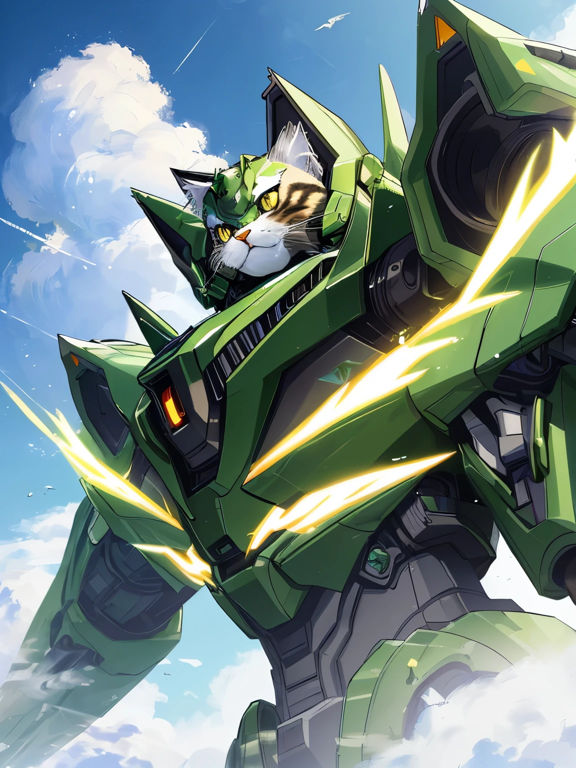 Unorganized resolution, High resolution, (masterpiece: 1.3), hyper detail, Mecha, (((cat design))),Green armor, floating in the sky (1.8) Against the background of blue sky and white clouds