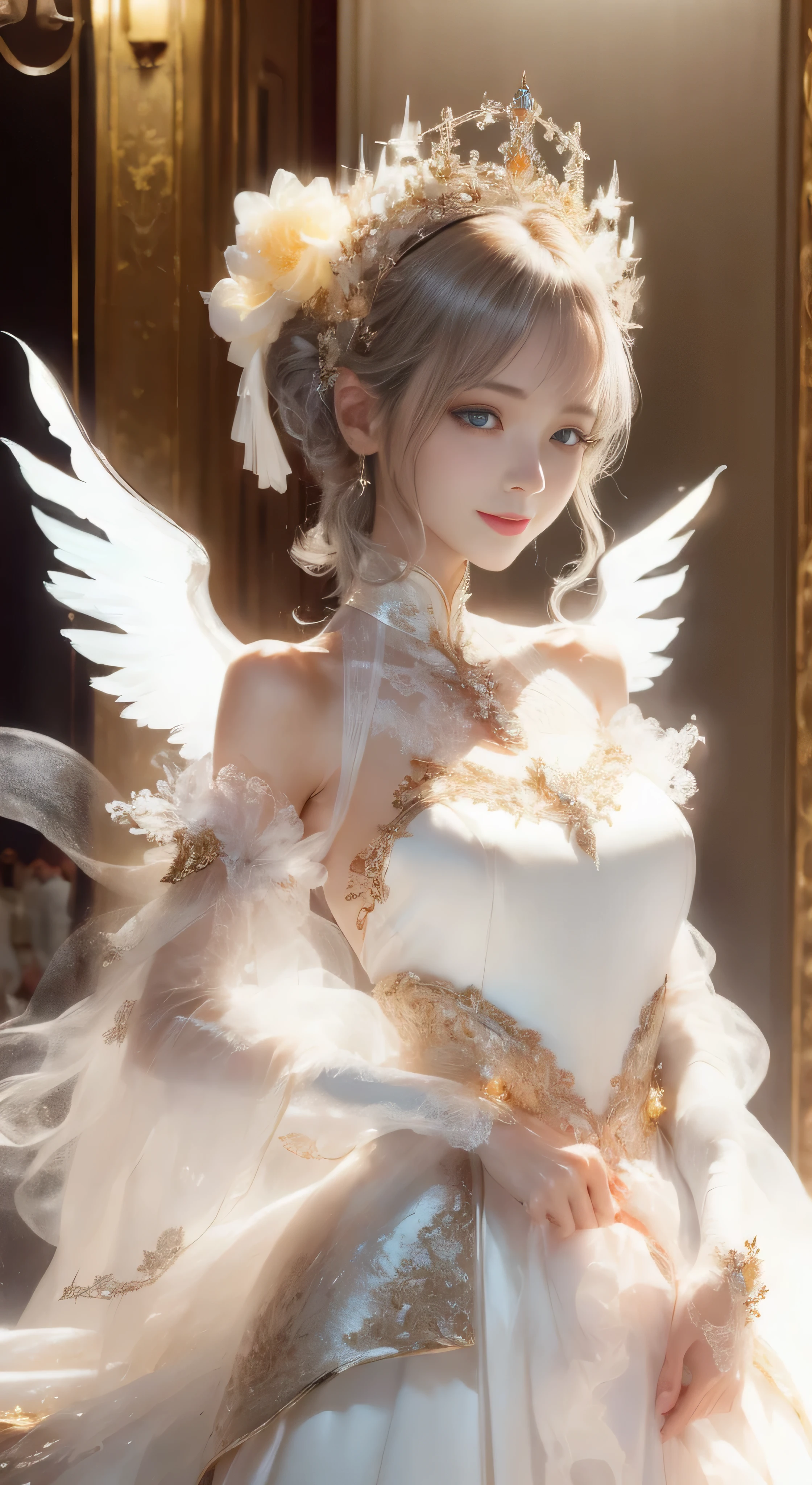 castle in the distance、face is in front、look at the camera、profile、8K、real photos、ultra high resolution, master parts, highest quality, ticker , cinematic images,nice girl、Ann、16 only、Annグロサクソン、double eyelid、droopy eyes、very big eyes、eyes are purple、dark eye shadow、lips are very thin、The tip of your nose grows beautifully.......................................................、small nose,,,,, very detailed , silver hair、straight short hair、smile、 sweet expression 、)、very clear shadows , jewelry , fine eyes, extremely difficult, shiny skin , パーフェクトブリリAnnト, perfect sentence, dramatic shadow、white tiara on head、gold necklace around neck、White aristocratic dress with gold embroidery、glass high heels、angel wings