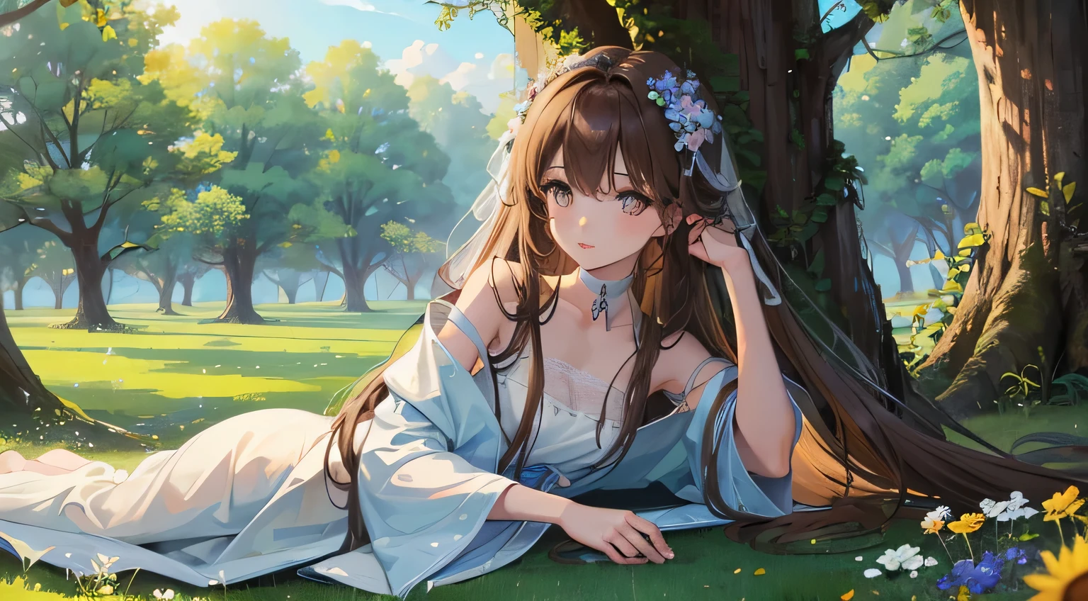 A quiet anime-style girl with long hair, Flowing brown hair decorated with dark blue ribbons and white flowers, lying on a green meadow. she looks calm, stare at the viewer, The sunlight gives a warm glow to her face. The meadow is dotted with wild flowers、tree in the background々is illuminated by golden light. A curious brown cat sits nearby, Add camaraderie to the scene. The atmosphere is peaceful and idyllic, Capturing the perfect spring day.
