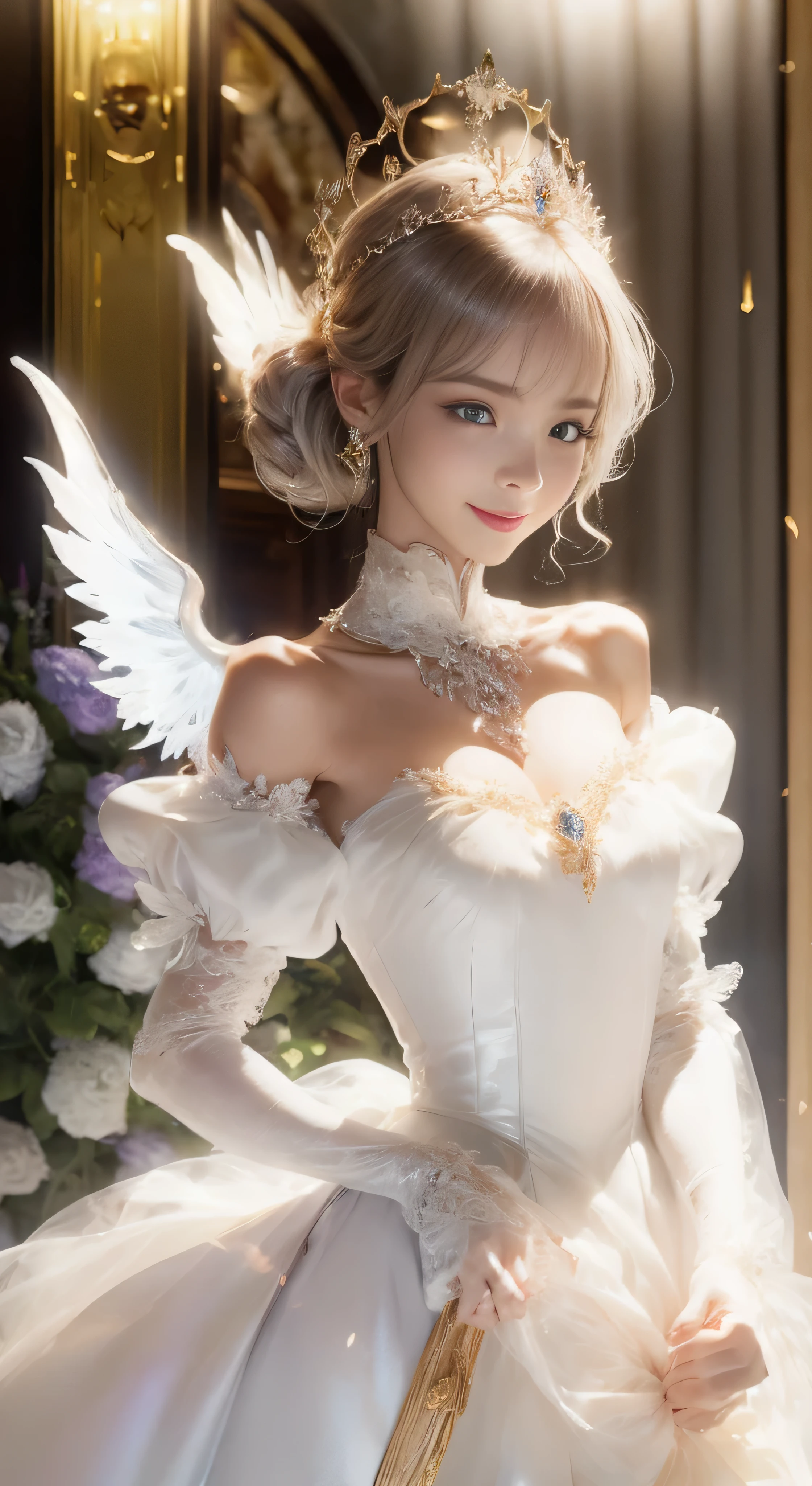 castle in the distance、face is in front、look at the camera、profile、8K、real photos、ultra high resolution, master parts, highest quality, ticker , cinematic images,nice girl、Ann、16 only、Annグロサクソン、double eyelid、droopy eyes、very big eyes、eyes are purple、dark eye shadow、lips are very thin、The tip of your nose grows beautifully.......................................................、small nose,,,,, very detailed , silver hair、straight short hair、smile、 sweet expression 、)、very clear shadows , jewelry , fine eyes, extremely difficult, shiny skin , パーフェクトブリリAnnト, perfect sentence, dramatic shadow、white tiara on head、gold necklace around neck、White aristocratic dress with gold embroidery、glass high heels、angel wings