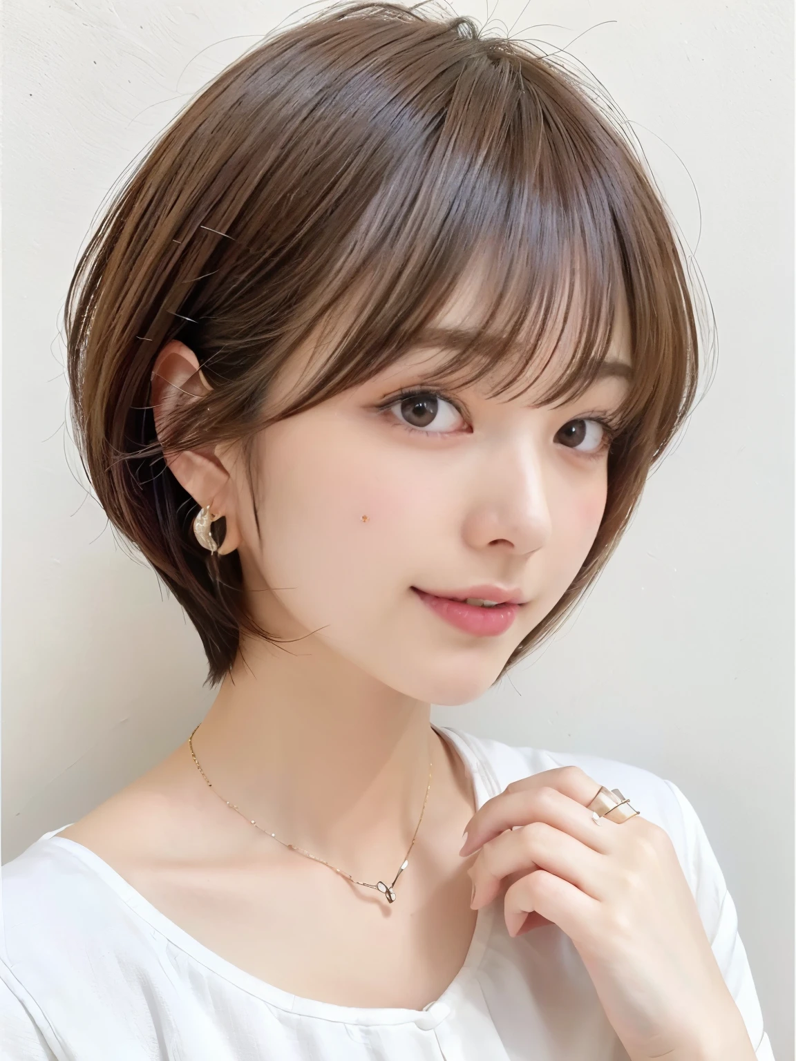 (highest quality、8K、32K、masterpiece、nffsw:1.2)、Photo of Japanese woman in her 30s、natural look、very short bobbed hair、Upper body、necklace、shot from above、Don'Don'Don'Don'don't look at the audience、(realistic、Photoreal:1.37)、1 girl、Shot in natural light、Physically based rendering、excellent image quality、High resolution、1080P、(Detailed facial description)、(Detailed explanation of hands)、(Detailed CG)、Rich details、(exquisite features)、(best image quality)、(masterpiece)、(fine eyes)、delicate clavicle、Versatile poses、profile、white wall、Taken in front of the white door、(窓のあるwhite wallの部屋)、earrings、laughter、Spring clothes、 shortcut、short hair、((white blouse))