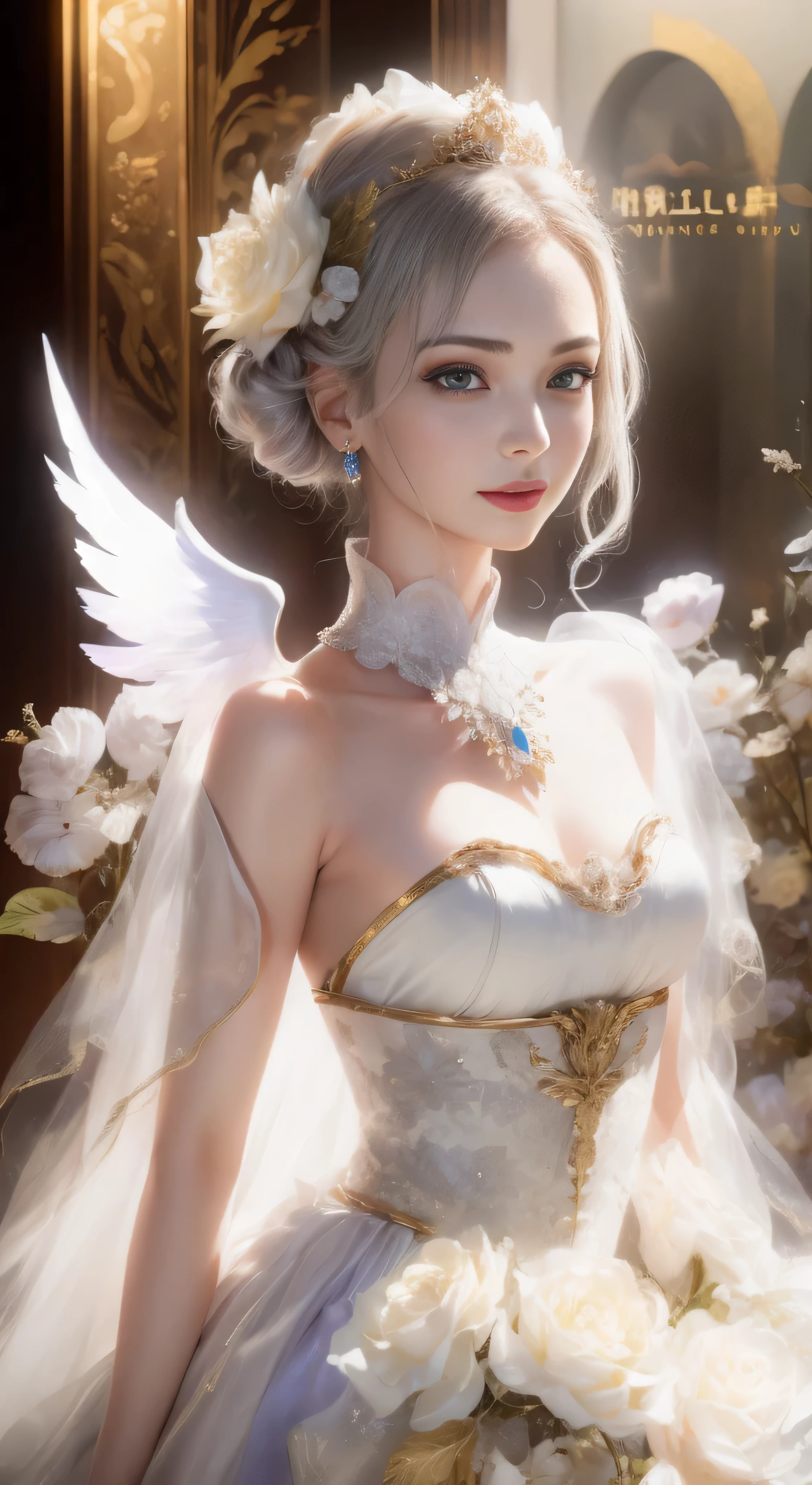 castle in the distance、face is in front、look at the camera、profile、8K、real photos、ultra high resolution, master parts, highest quality, ticker , cinematic images,nice girl、Ann、16 only、Annグロサクソン、double eyelid、droopy eyes、very big eyes、eyes are purple、dark eye shadow、lips are very thin、The tip of your nose grows beautifully.......................................................、small nose,,,,, very detailed , silver hair、straight short hair、smile、 sweet expression 、）、very clear shadows , jewelry , fine eyes, extremely difficult, shiny skin , パーフェクトブリリAnnト, perfect sentence, dramatic shadow、white tiara on head、gold necklace around neck、White aristocratic dress with gold embroidery、glass high heels、angel wings