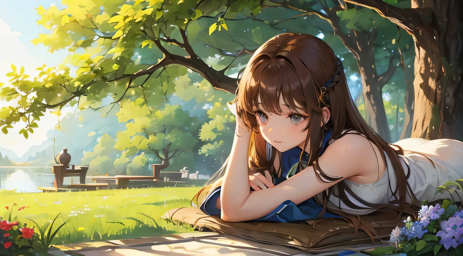 A quiet anime-style girl with long hair, Flowing brown hair decorated with dark blue ribbons and white flowers, lying on a green meadow. she looks calm, stare at the viewer, The sunlight gives a warm glow to her face. The meadow is dotted with wild flowers、tree in the background々is illuminated by golden light. A curious brown cat sits nearby, Add camaraderie to the scene. The atmosphere is peaceful and idyllic, Capturing the perfect spring day.