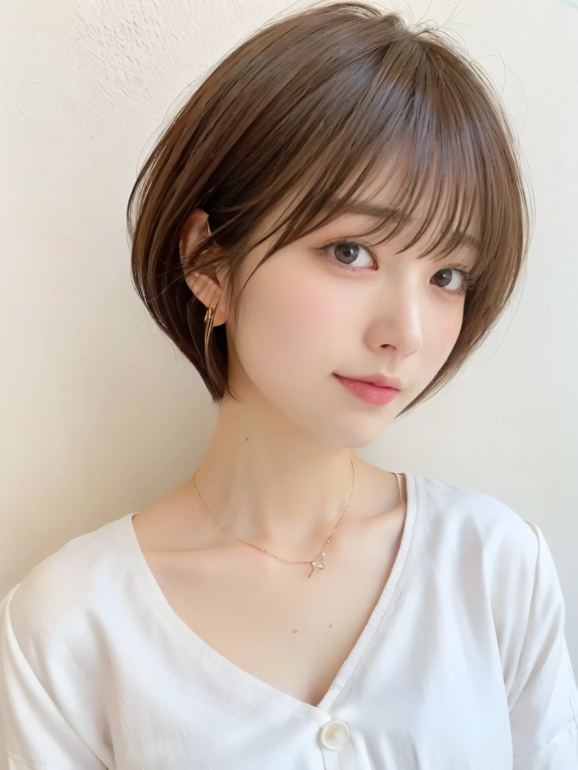 (highest quality、8K、32K、masterpiece、nffsw:1.2)、Photo of Japanese woman in her 30s、natural look、very short bobbed hair、Upper body、necklace、shot from above、Don&#39;Don&#39;Don&#39;Don&#39;don&#39;t look at the audience、(realistic、Photoreal:1.37)、1 girl、Shot in natural light、Physically based rendering、excellent image quality、High resolution、1080P、(Detailed facial description)、(Detailed explanation of hands)、(Detailed CG)、Rich details、(exquisite features)、(best image quality)、(masterpiece)、(fine eyes)、delicate clavicle、Versatile poses、profile、white wall、Taken in front of the white door、(窓のあるwhite wallの部屋)、earrings、laughter、Spring clothes、 shortcut、short hair、((white blouse))