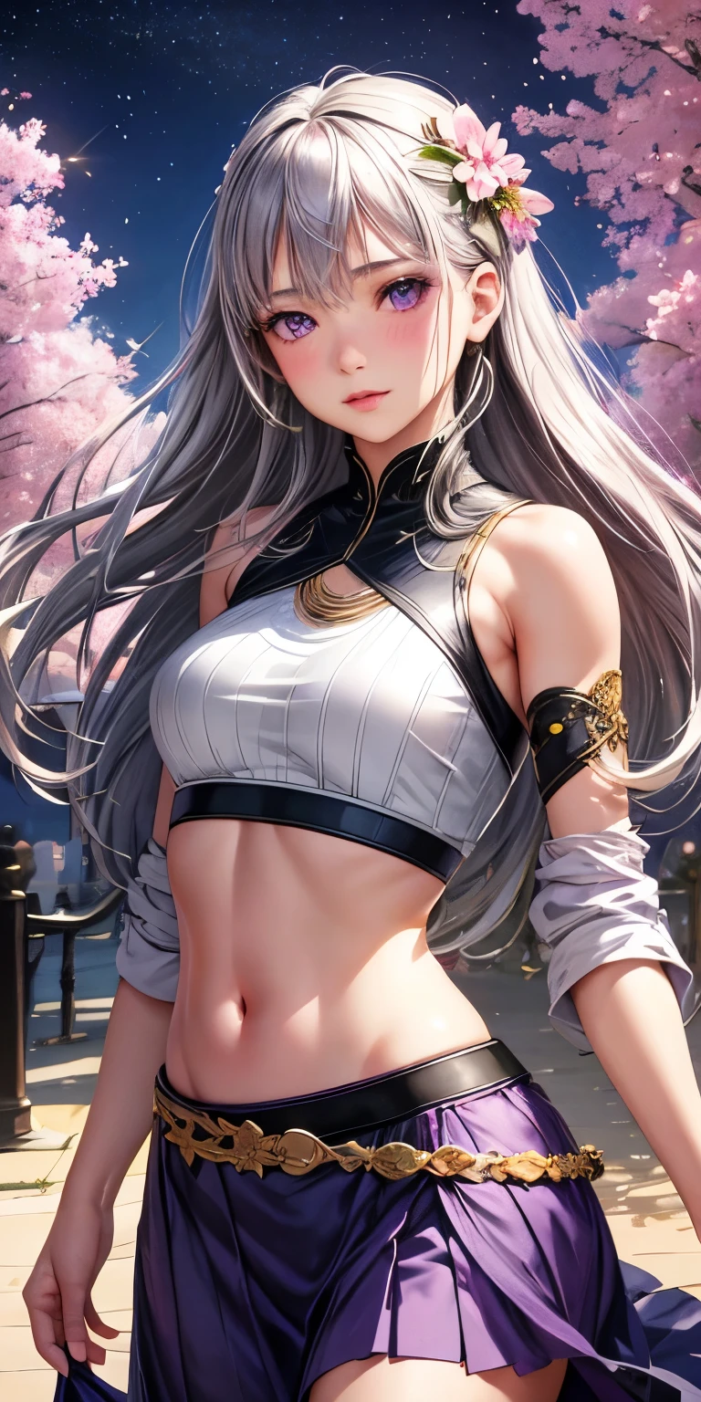 realistic, 1 girl, gray hair, purple eyes, shining eyes, crop top, skirt, parted lips, blush, night, flowers, sun, sunlight,